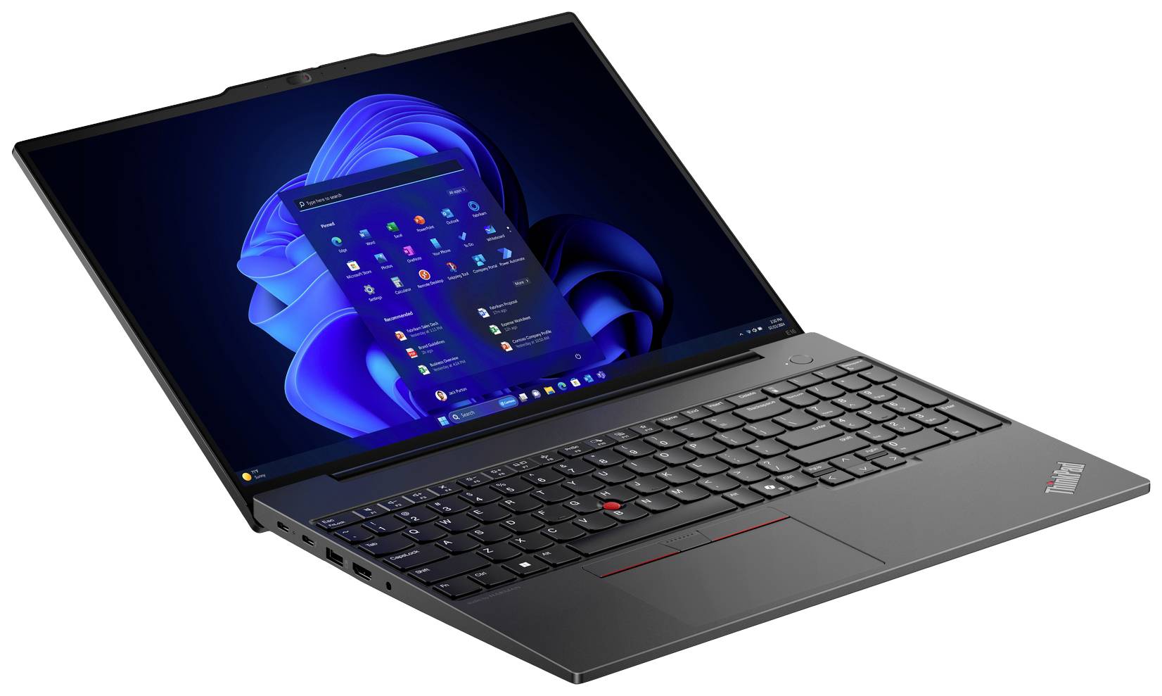 Ein Laptop mit offenem Bildschirm zeigt den Windows 11-Startbildschirm, Tastatur sichtbar, ThinkPad-Logo auf der rechten Seite.
