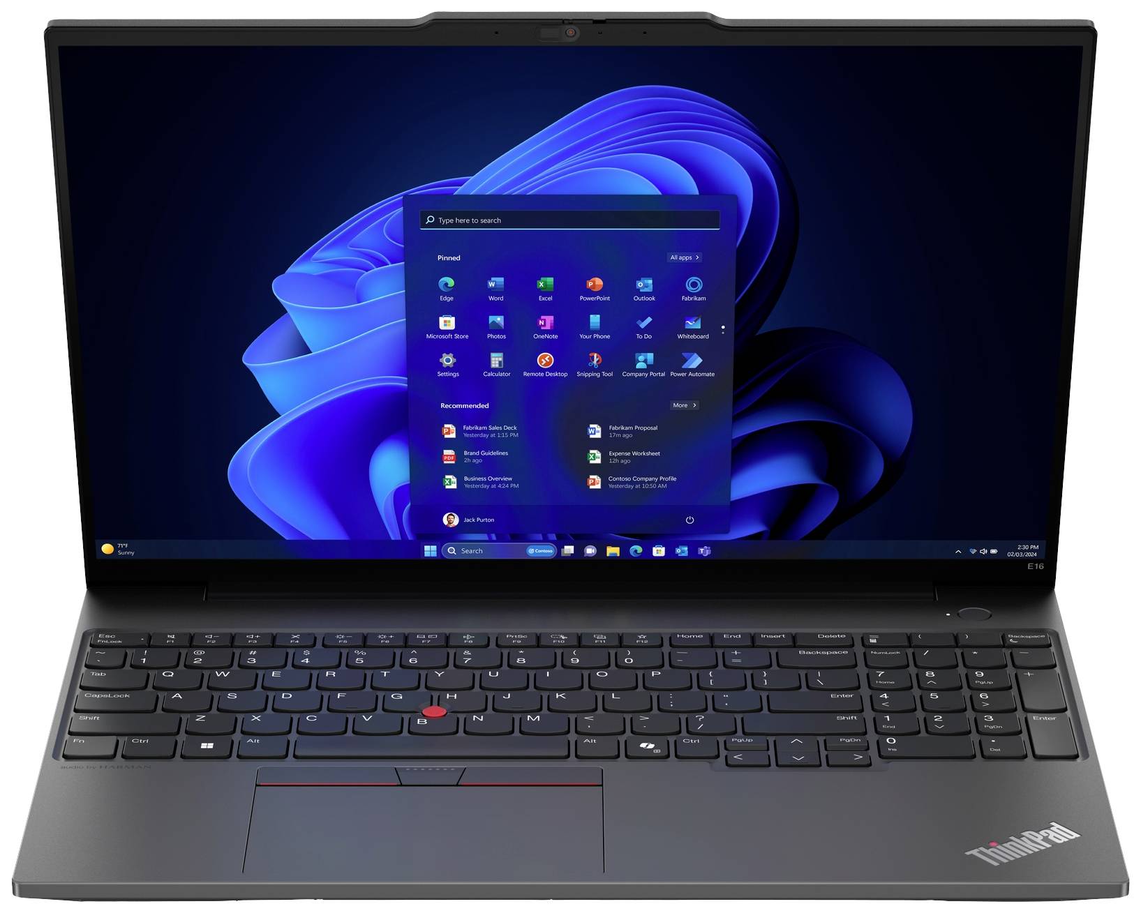 Ein Laptop mit geöffneter Windows 11-Benutzeroberfläche auf dem Bildschirm, Tastatur und Hintergrundbild sind sichtbar.