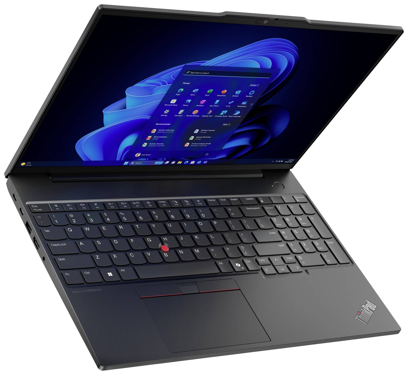 Ein geöffneter Laptop, schwarz, mit beleuchteter Tastatur und Windows-Betriebssystem auf dem Bildschirm sichtbar.