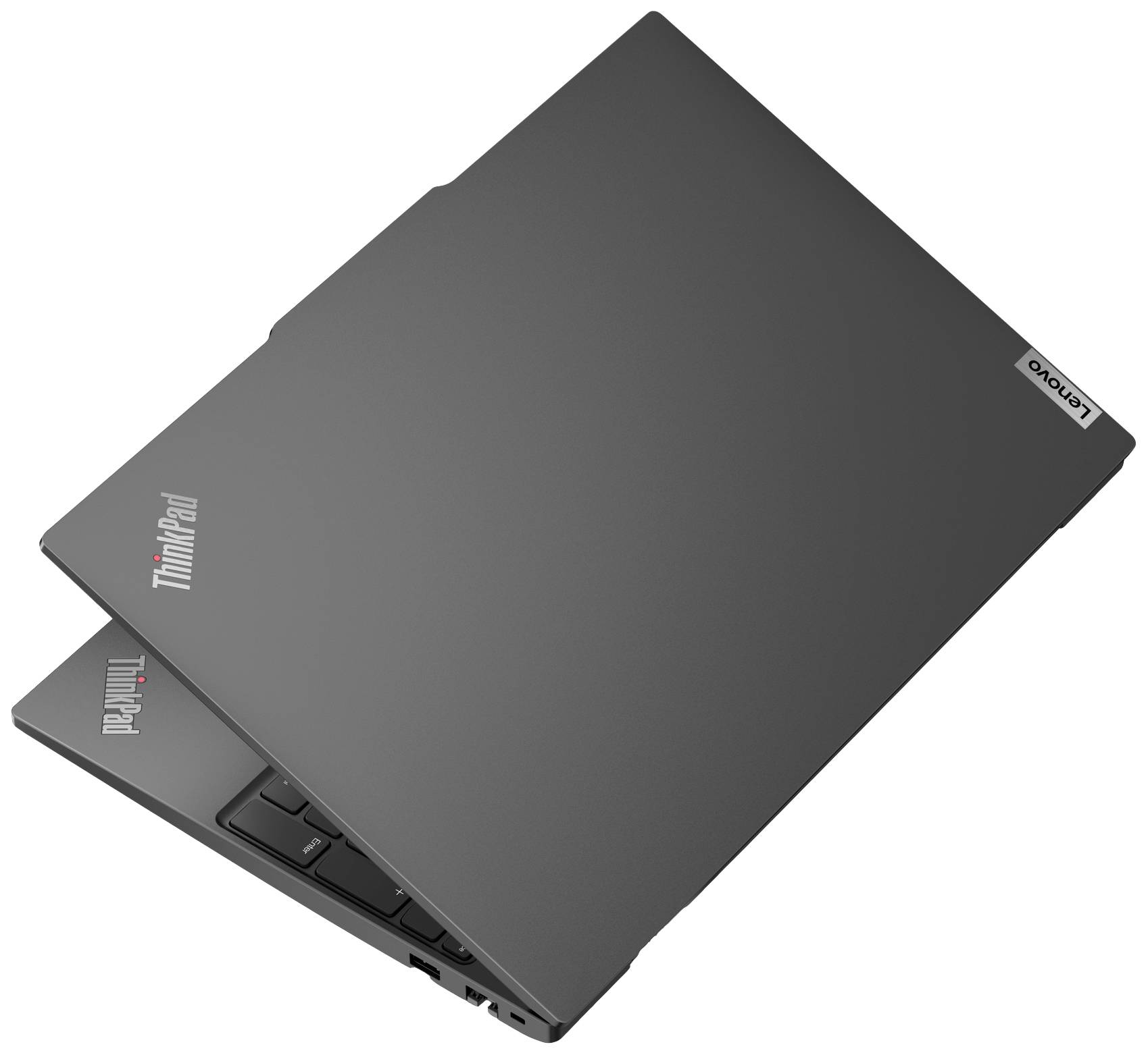 Ein geschlossenes, graues Laptop der Marke ThinkPad mit einem schlichten Design und einem sichtbaren Herstellerlogo auf der Oberfläche.