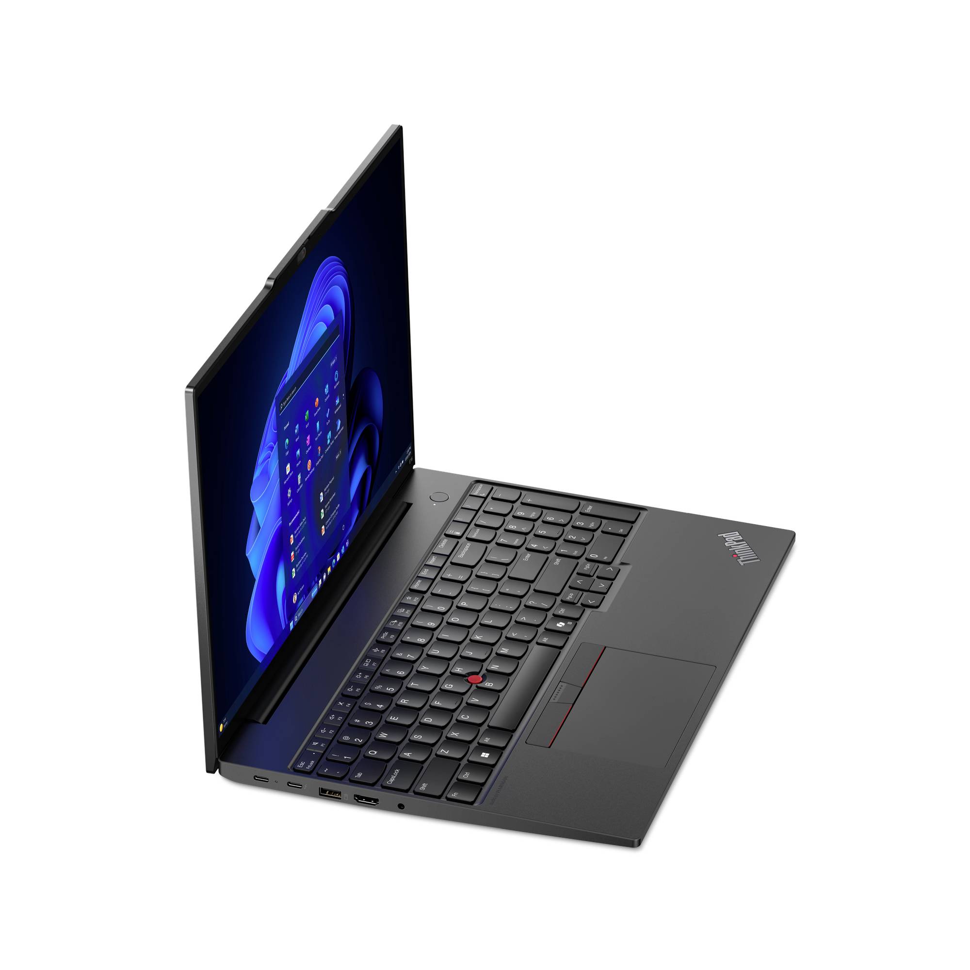 Ein schwarzer Laptop, halb geöffnet, mit einem beleuchteten Bildschirm, der ein Betriebssystem zeigt. Die Tastatur ist vollständig sichtbar.