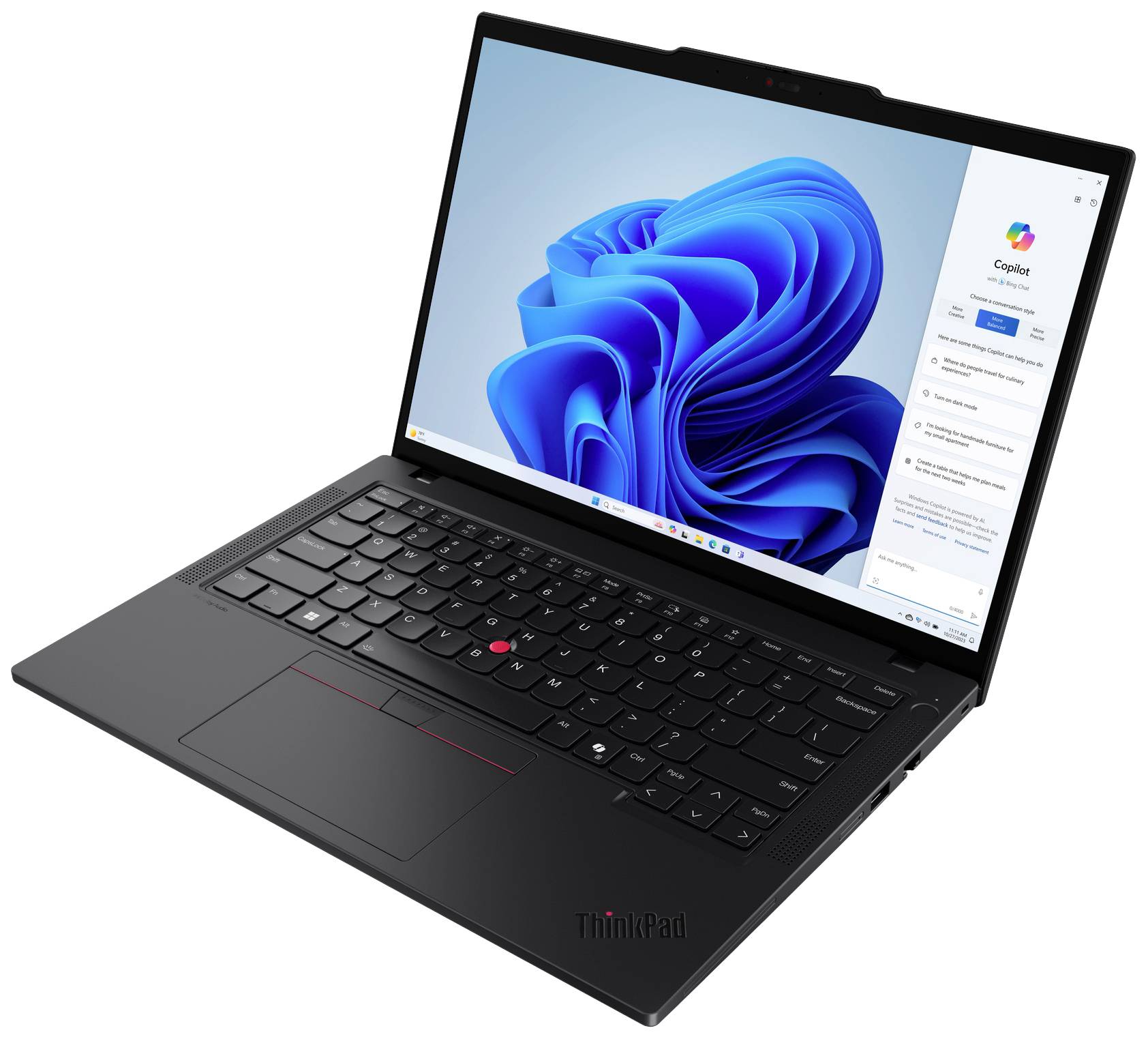 Ein schwarzer Laptop mit geöffneter Windows-Oberfläche zeigt den Desktop mit einem abstrakten blauen Hintergrund.