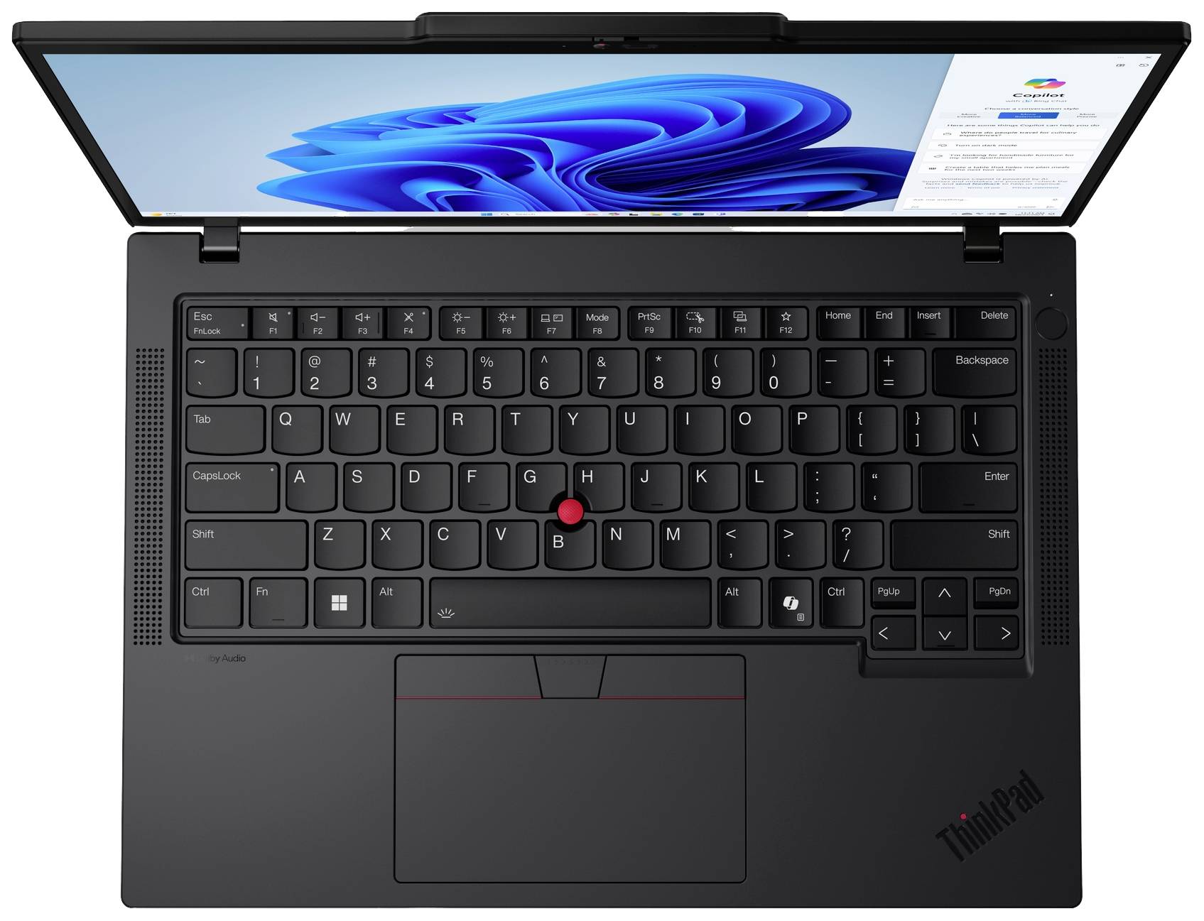 Die Abbildung zeigt einen geöffneten Laptop von oben. Der Bildschirm zeigt eine Windows-Oberfläche. Die Tastatur umfasst ein rotes TrackPoint-Steuerelement in der Mitte.