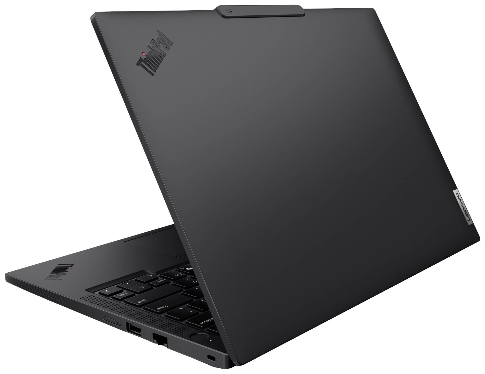 Ein schwarzer Laptop von der Seite gezeigt, leicht geöffnet, mit dem Logo auf der Ecke des Bildschirms.
