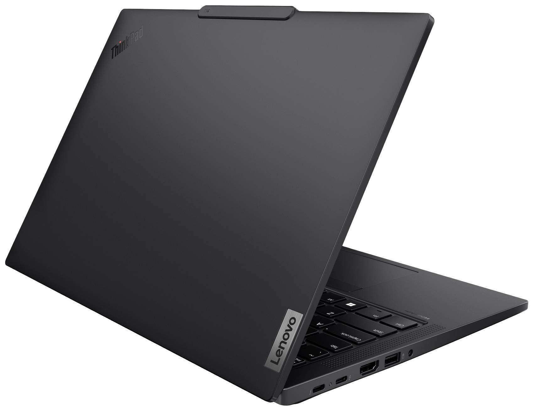 Ein schwarzer Lenovo-Laptop in seitlicher Ansicht, halb geöffnet, zeigt Firmenlogo. Design modern und schlank, mit sichtbaren Anschlüssen.