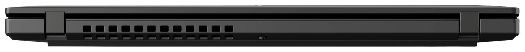 Geschlossener schwarzer Laptop von hinten, zeigt Lüftungsschlitze und schlankes Design.
