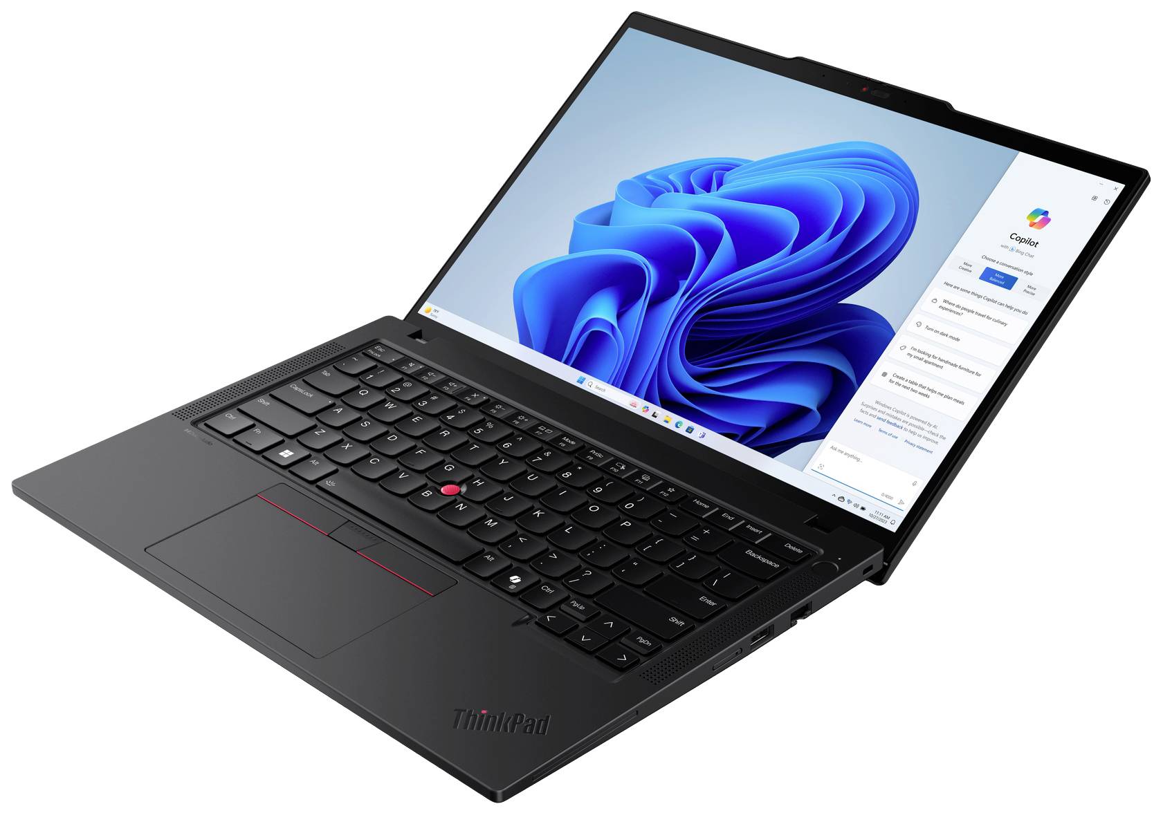Ein schwarzer Laptop mit Windows-Startbildschirm, zeigt das Windows 11-Logo und eine geöffnete App rechts. Der Laptop ist leicht geöffnet.
