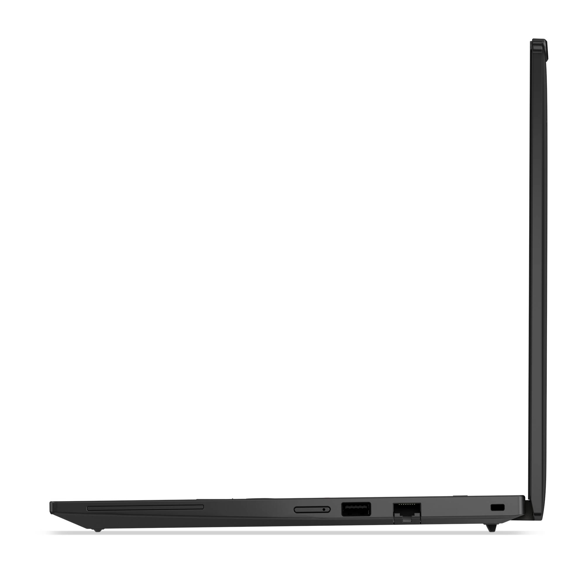 Ein seitlich geöffneter Laptop zeigt mehrere Anschlüsse, darunter USB und Ethernet, auf einem Tisch vor einem neutralen Hintergrund.
