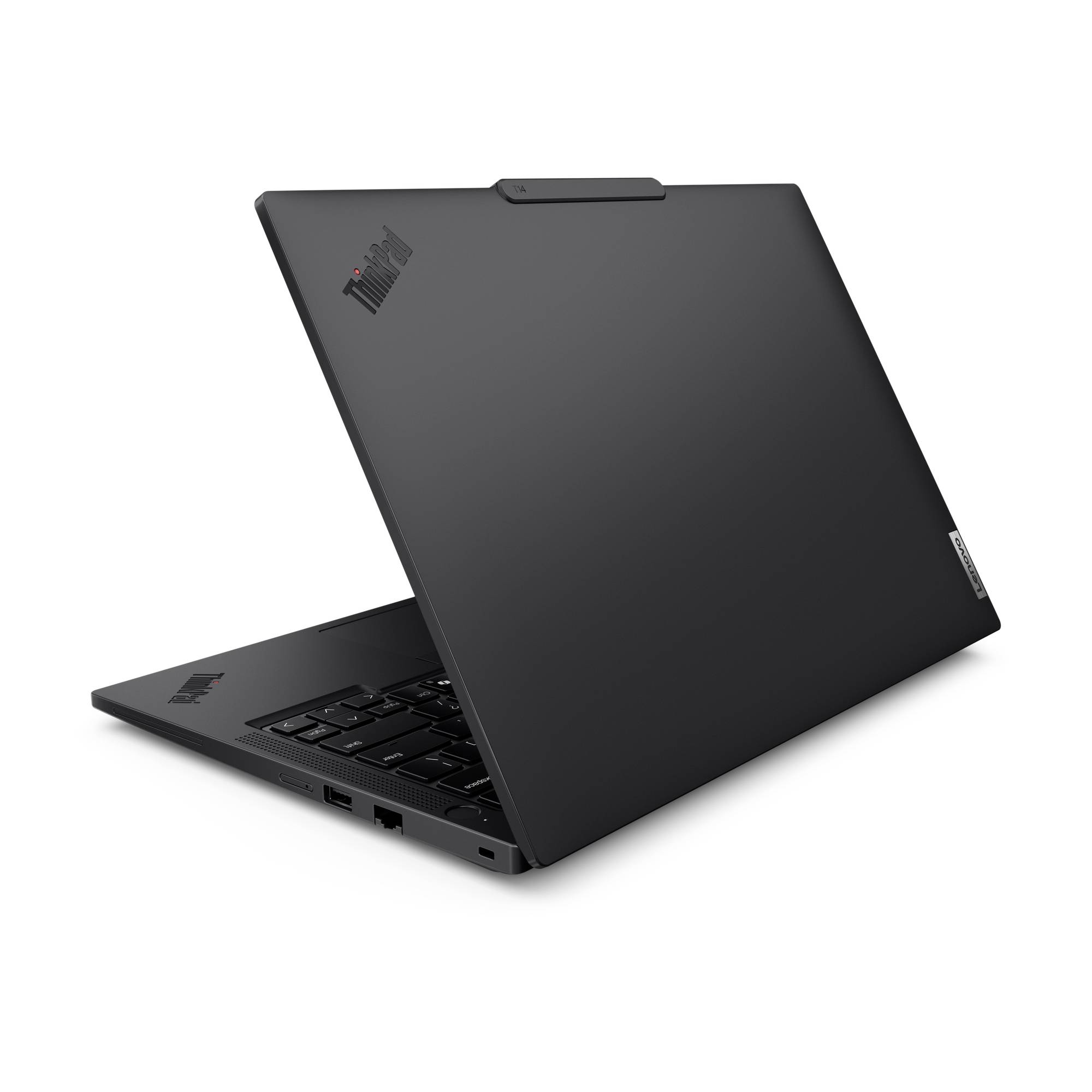 Ein geöffnetes, schwarzes Laptop von der Seite gesehen, Markenlogo auf dem Gehäuse, dunkle Tastatur sichtbar.