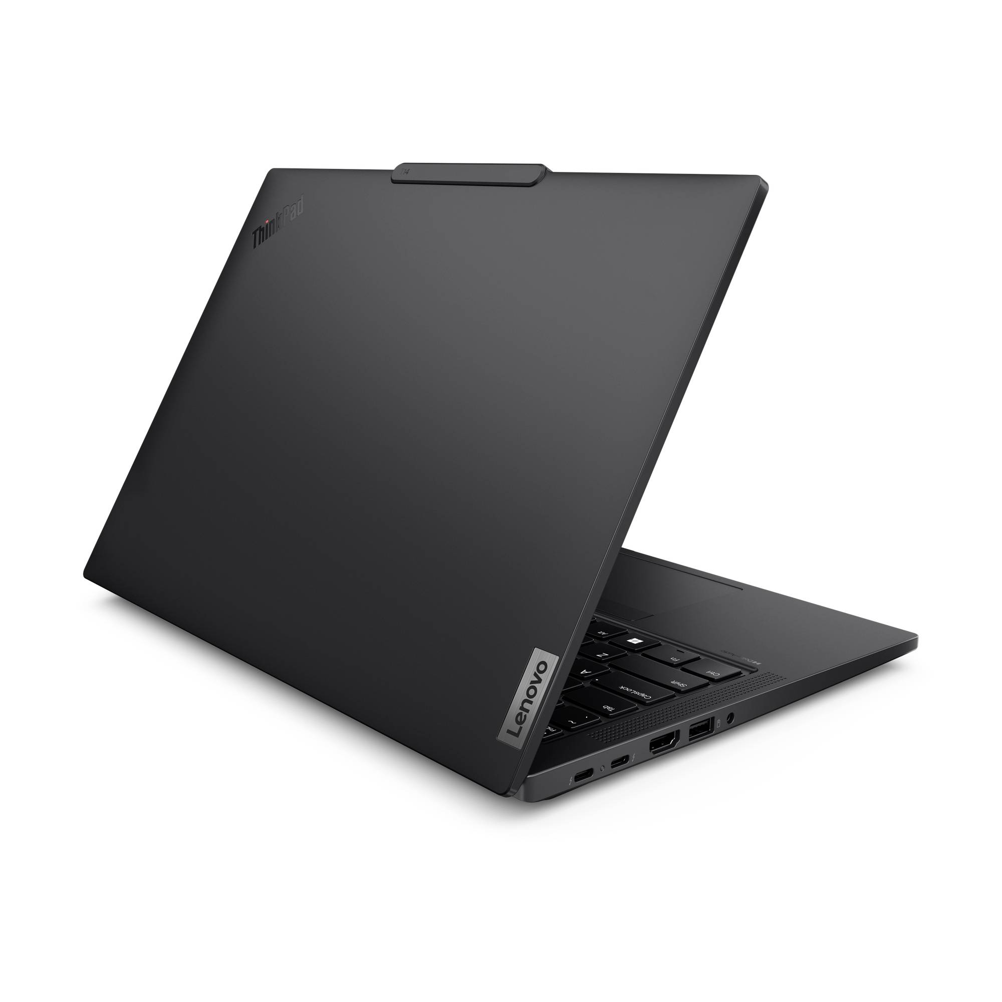 Ein schwarzes Laptop von Lenovo, leicht geöffnet, mit sichtbarem Firmenlogo an der oberen Ecke. Deutliche Kanten und schlichtes Design.