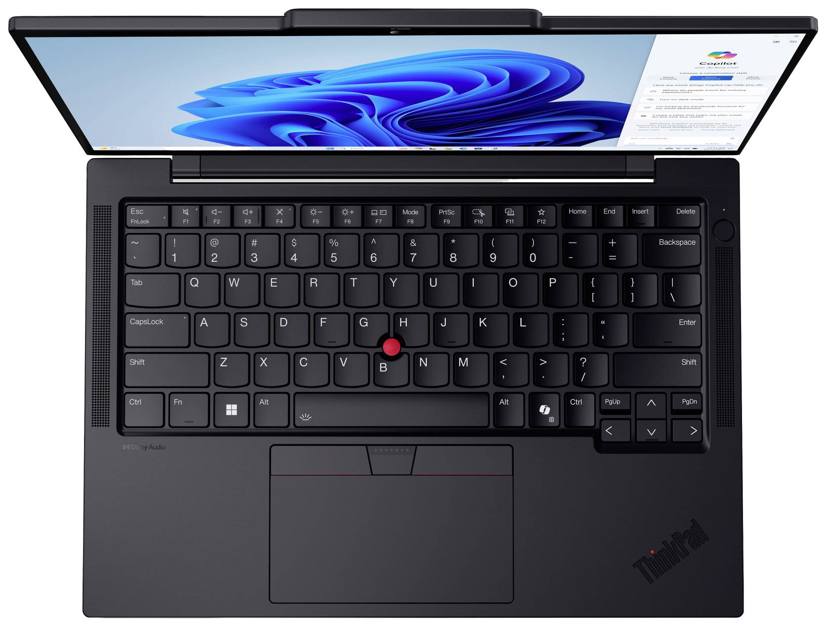 Laptop mit schwarzem Gehäuse. Tastatur mit TrackPoint in der Mitte. Bildschirm zeigt blauen Desktop-Hintergrund und geöffnete App.