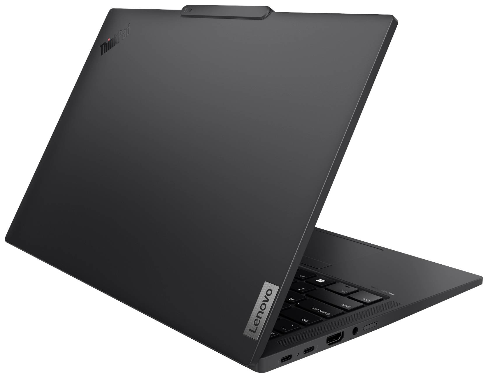 Ein teilweise geöffneter schwarzer Laptop von Lenovo, seitlich gesehen, mit sichtbarem Logo.