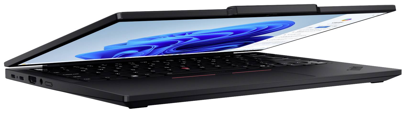 Ein teilgeöffneter schwarzer Laptop mit sichtbarem Bildschirm, auf dem das Windows-Betriebssystem angezeigt wird.