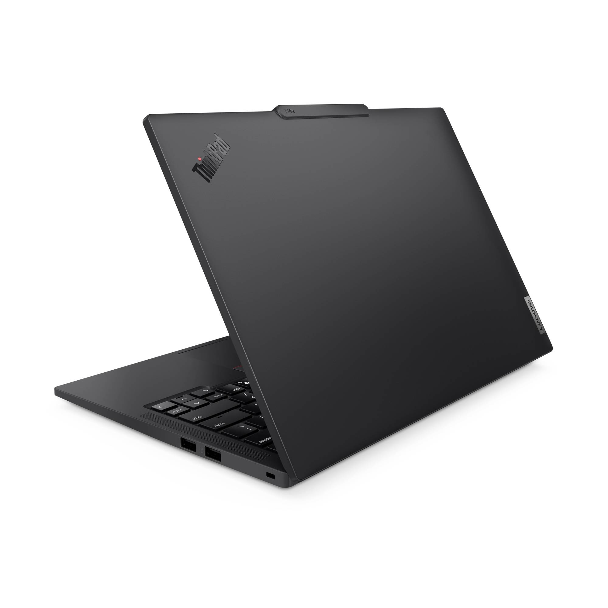 Laptop mit schwarzem Gehäuse und halb geöffnetem Display, das vom Betrachter weg zeigt. Tastatur und einige Anschlüsse sichtbar.