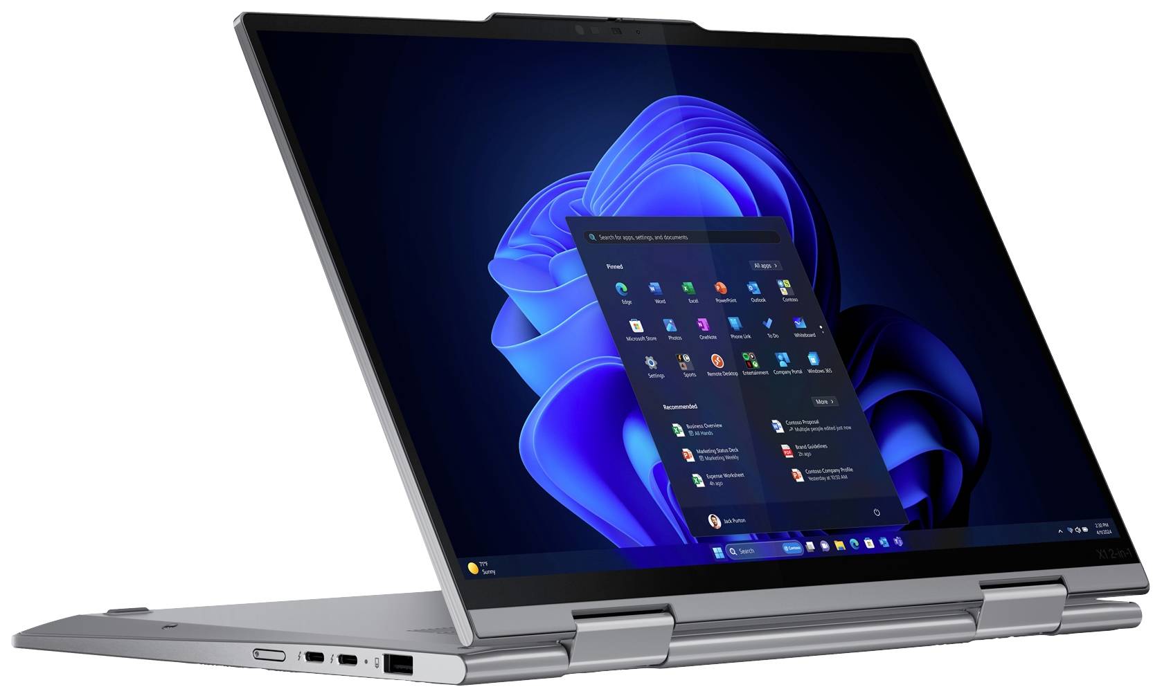 Ein aufgeklappter Laptop im Tent-Modus zeigt den Startbildschirm eines Windows-Betriebssystems mit verschiedenen App-Symbolen.