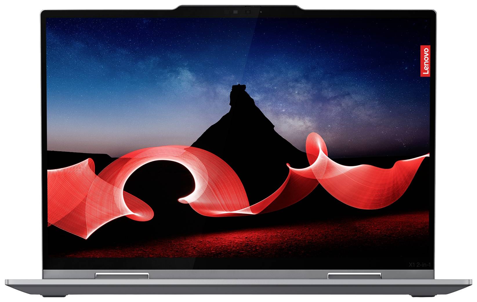 Ein Laptop mit einem modernen Design, geöffnet und sichtbar von vorne. Der Bildschirm zeigt ein Bild mit einem Berg und rotem Lichtbogen.