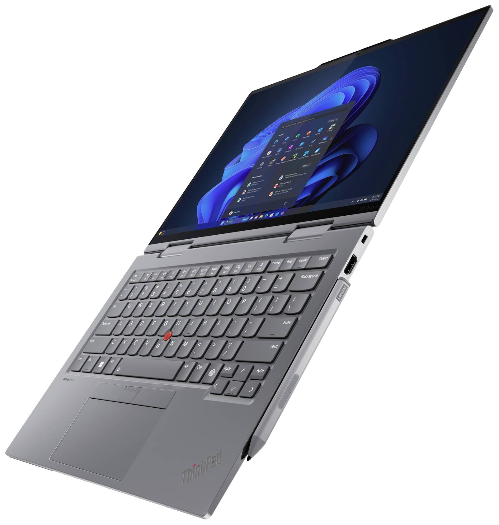 Graues Laptop mit schwarzer Tastatur, eingeschaltetem Bildschirm mit Windows-Betriebssystem. Schwenkbarer Bildschirm in leichter Schräglage.