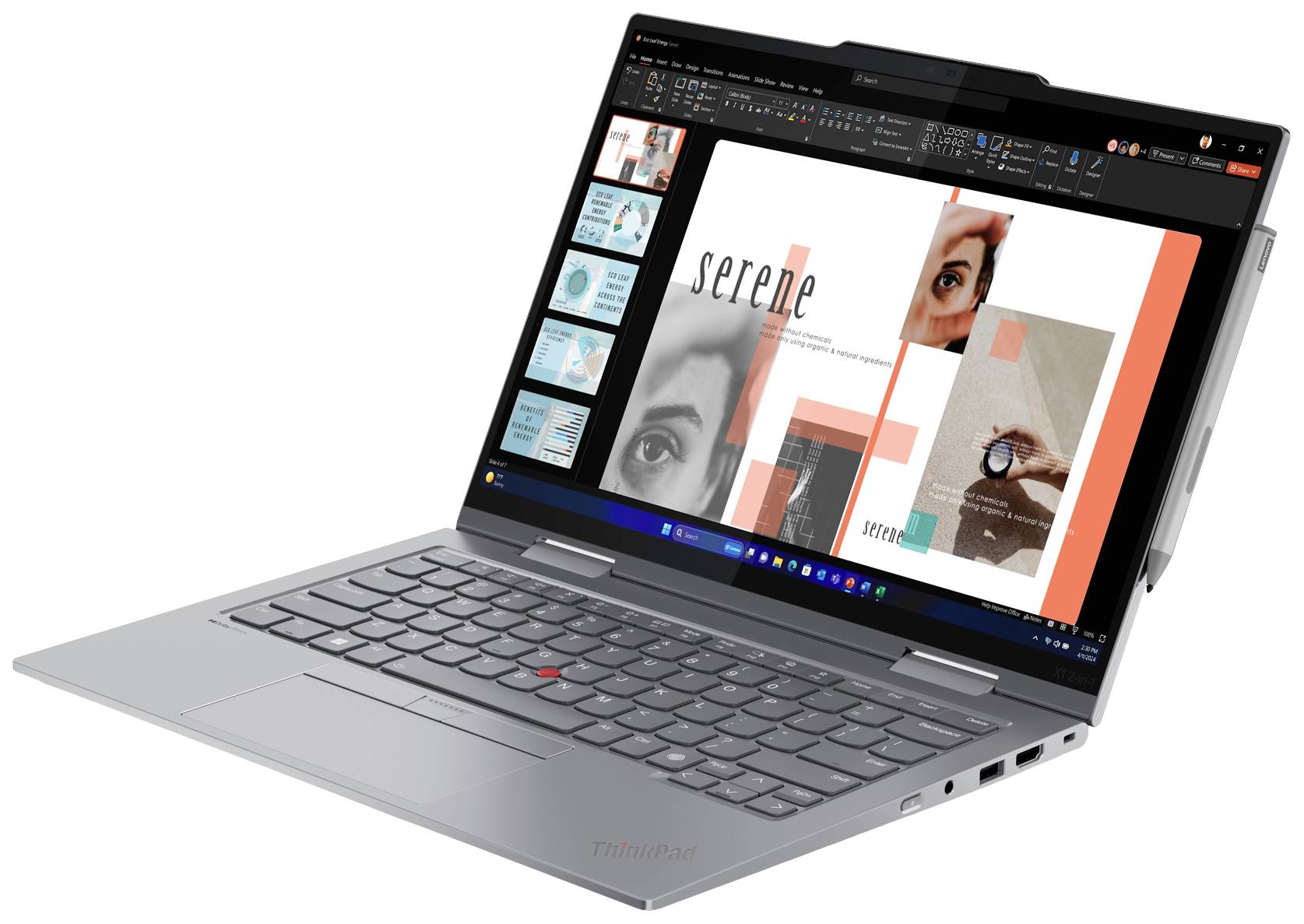 Laptop mit aufgeklapptem Bildschirm zeigt eine PowerPoint-Präsentation mit Bildern und Text. Hauptseite mit dem Titel 'serene'.