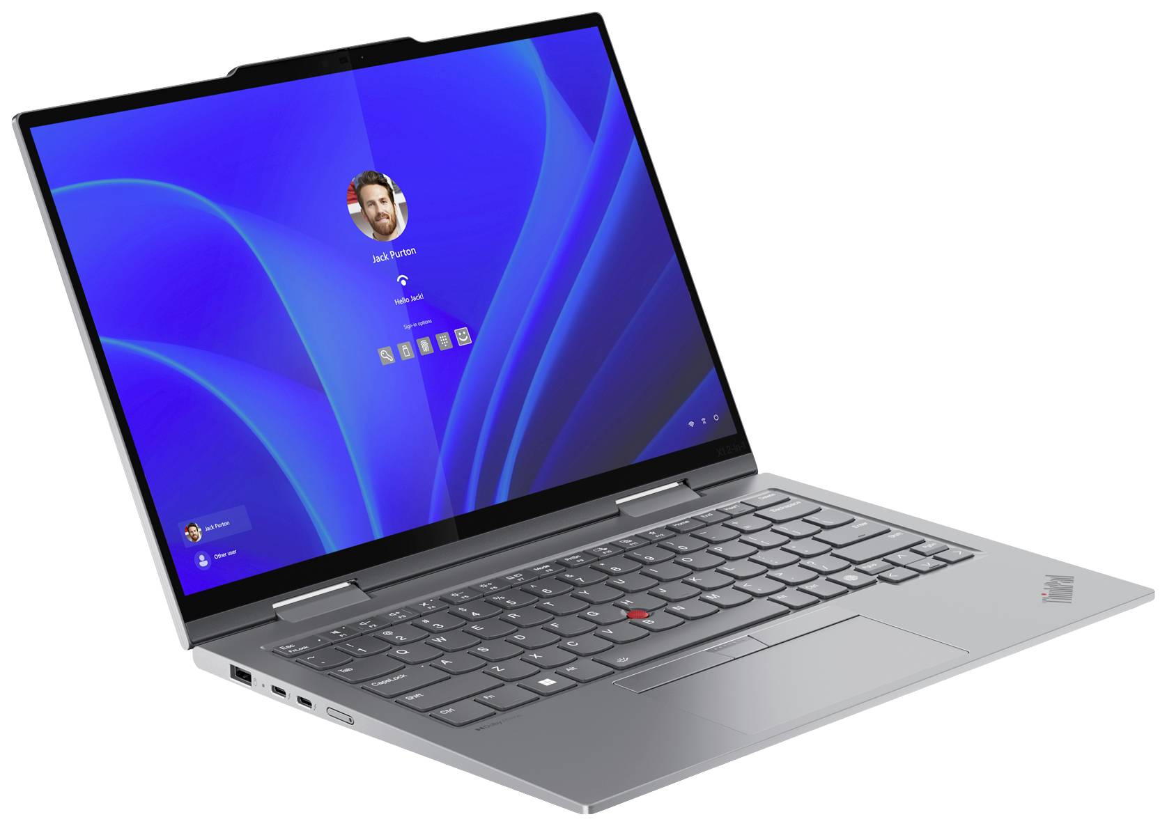 Ein Laptop geöffnet mit Anmeldeseite auf dem Bildschirm, zeigt einen Benutzerlogin mit Avatarbild im oberen Bereich des Bildschirms.