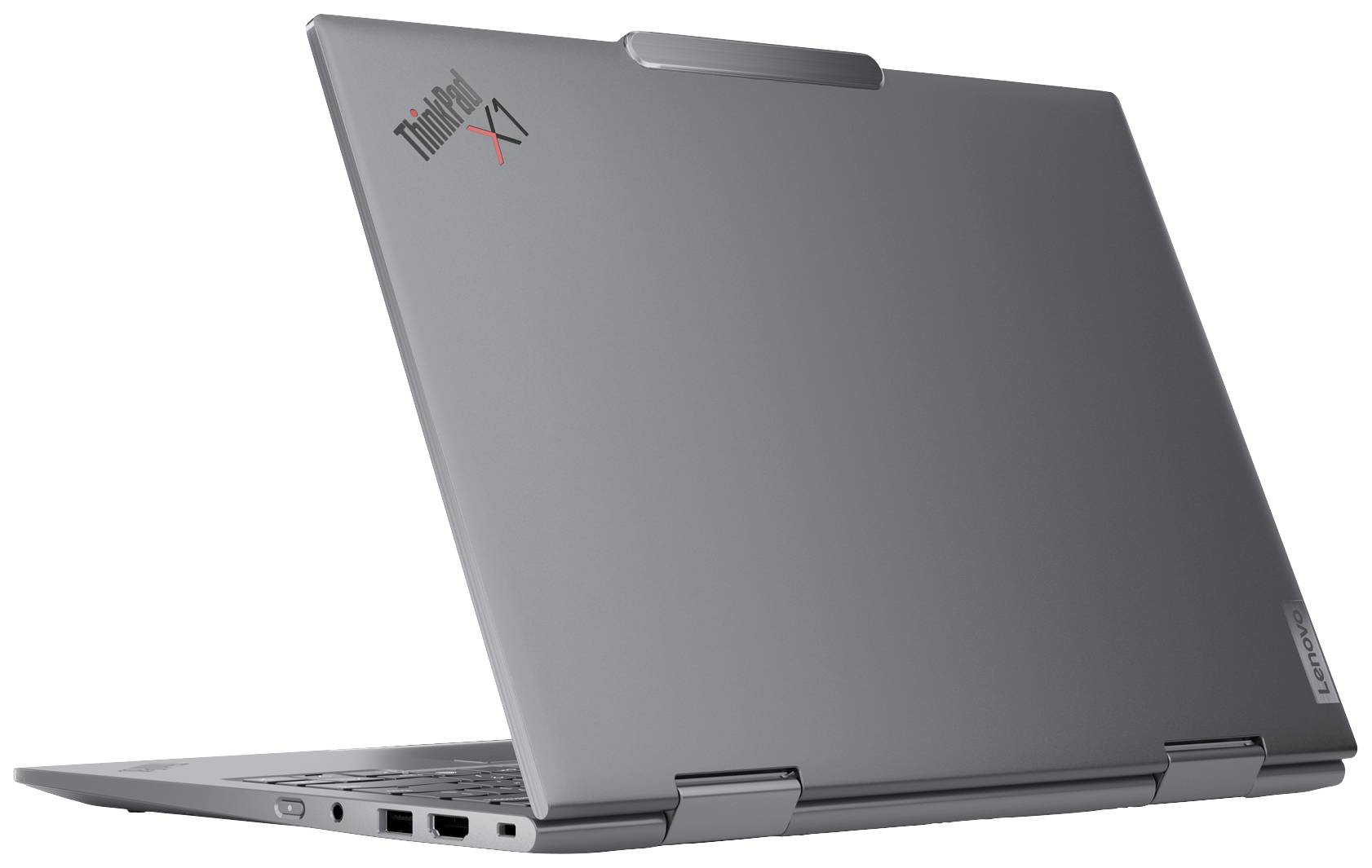 Ein offener silberner Laptop von hinten, mit einem 'ThinkPad X1'-Logo auf dem Displaydeckel, zeigt markantes Markenbranding.