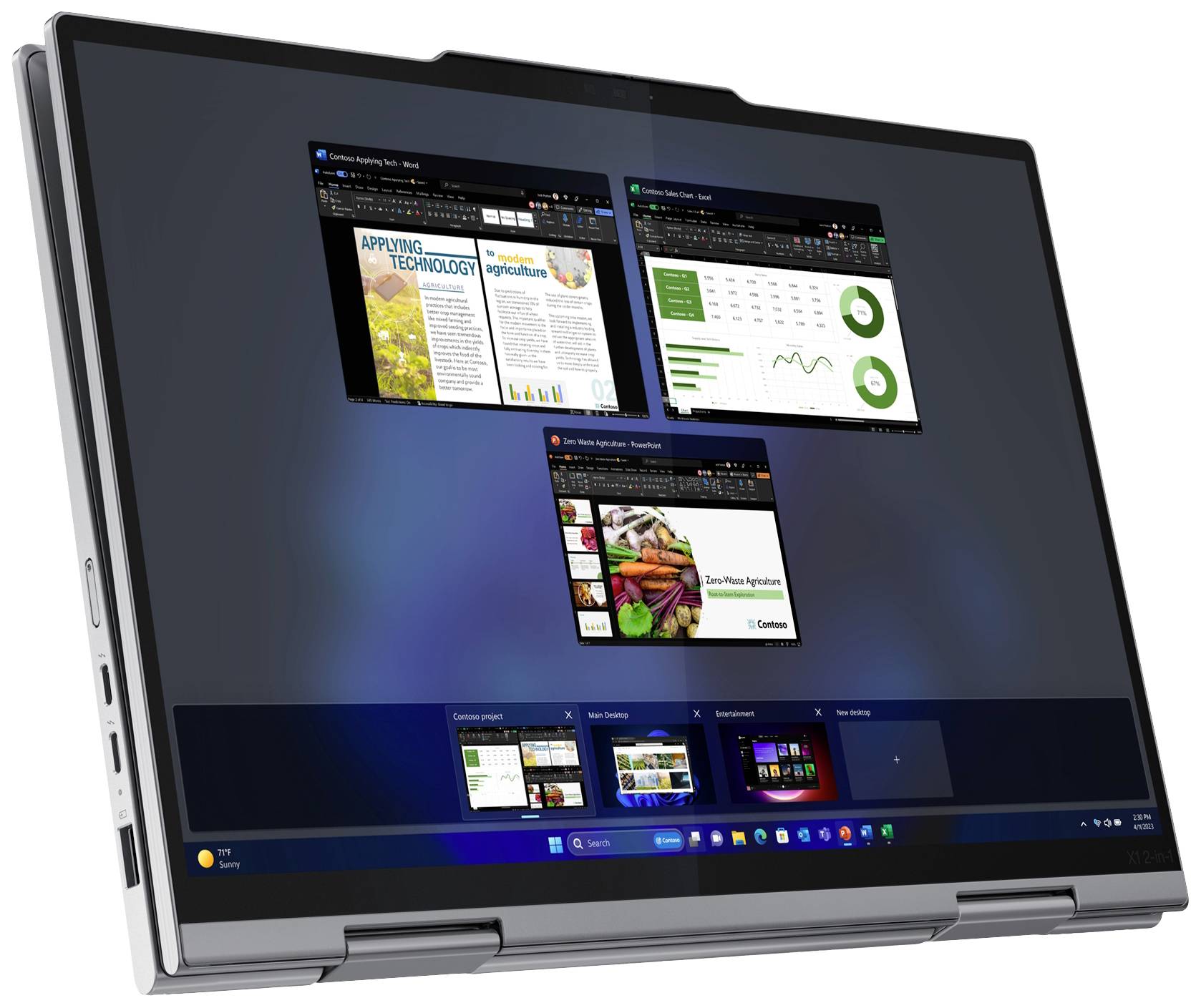 Ein Laptop mit mehreren geöffneten Anwendungen, darunter ein Dokument, ein Finanzbericht mit Diagrammen und eine Webseite über Technologie.
