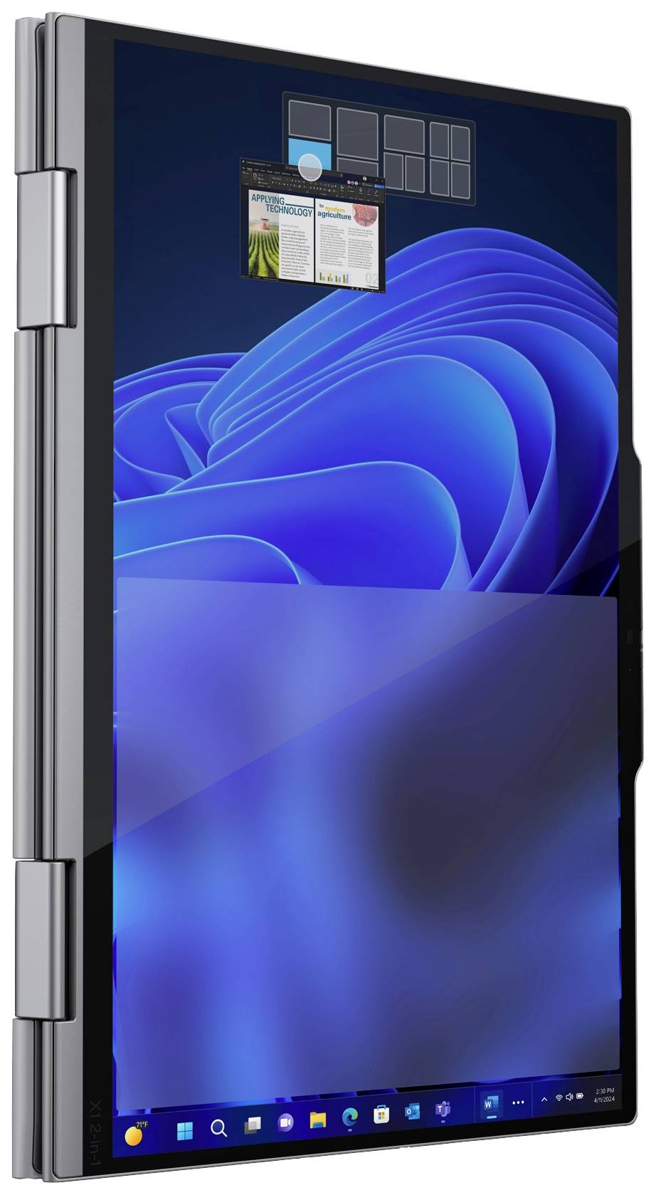 Ein Tablet in vertikaler Ausrichtung zeigt einen blauen Bildschirmhintergrund mit geöffneter App am oberen Rand. Unten sind Anwendungssymbole sichtbar.