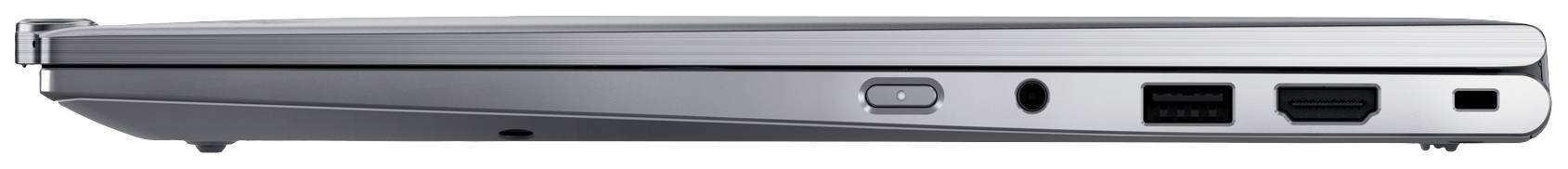 Seitenansicht eines silbernen Laptops mit mehreren Anschlüssen: USB, HDMI und Netzschalter.