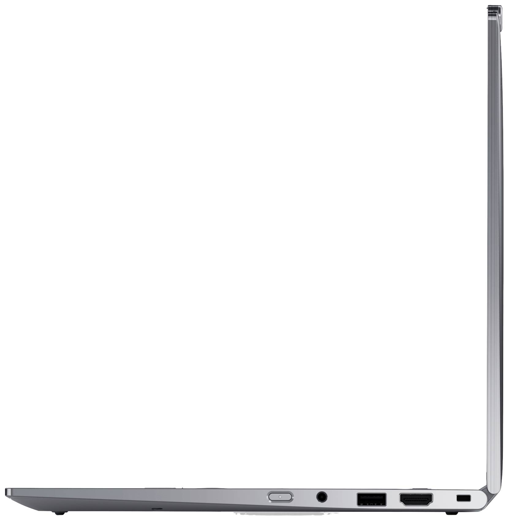 Schlanker Laptop seitlich gesehen, teilweise geöffnet. Erkennbar sind Anschlüsse wie USB und HDMI an der Seite.