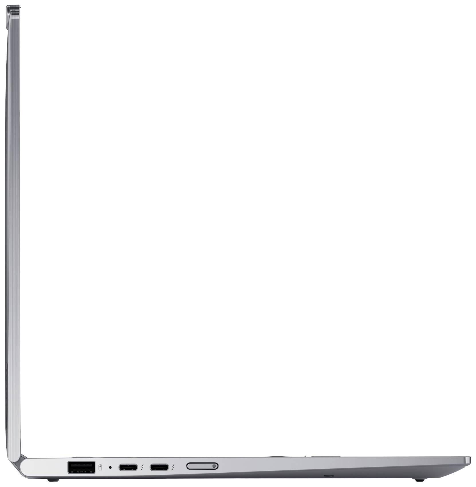 Ein schlanker, geöffneter Laptop von der Seite, zeigt Anschlüsse und ein dünnes Design. Ideal für tragbare Nutzung.