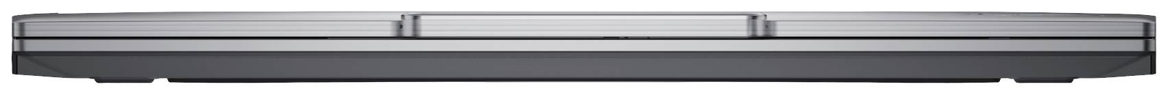 Ein schnittiges, geschlossenes, graues Laptop-Gehäuse, seitlich von vorne gezeigt. Minimalistisches, modernes Design.
