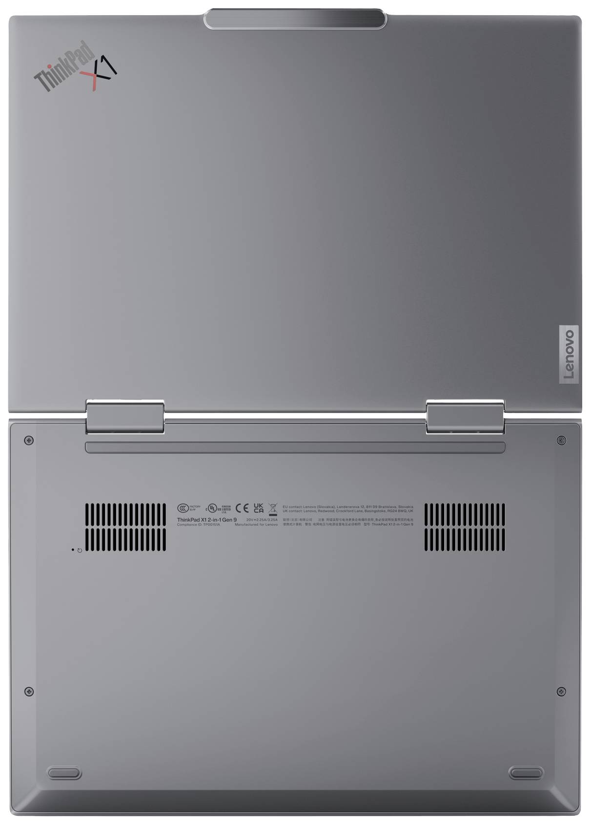 Rückansicht eines aufgeklappten Laptops mit silbernem Gehäuse und Lüftungsschlitzen. Oben links das ThinkPad-Logo.