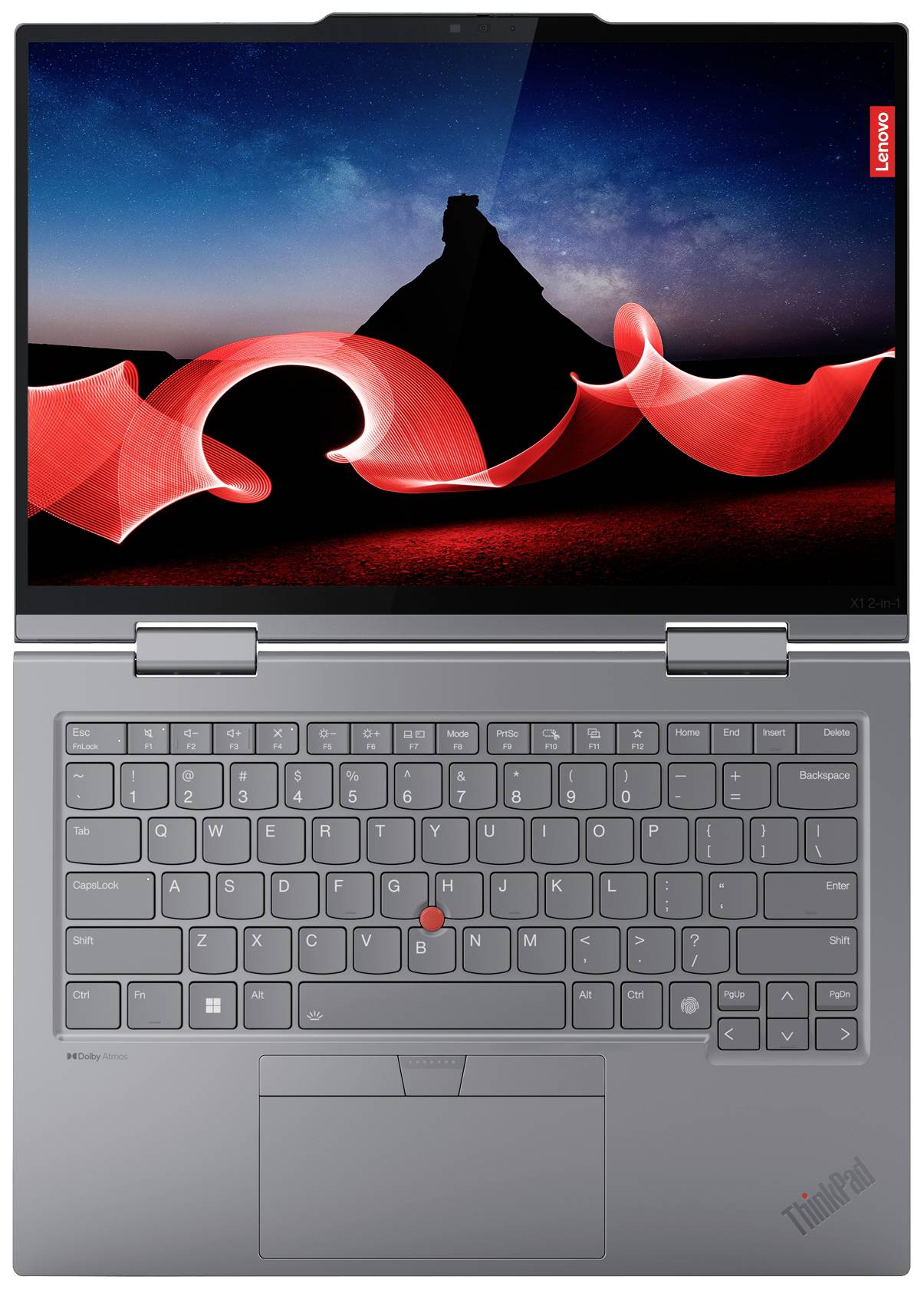 Ein aufgeklapptes Laptop von oben gesehen. Der Bildschirm zeigt ein abstraktes Design mit roten Wellen auf schwarzem Hintergrund.