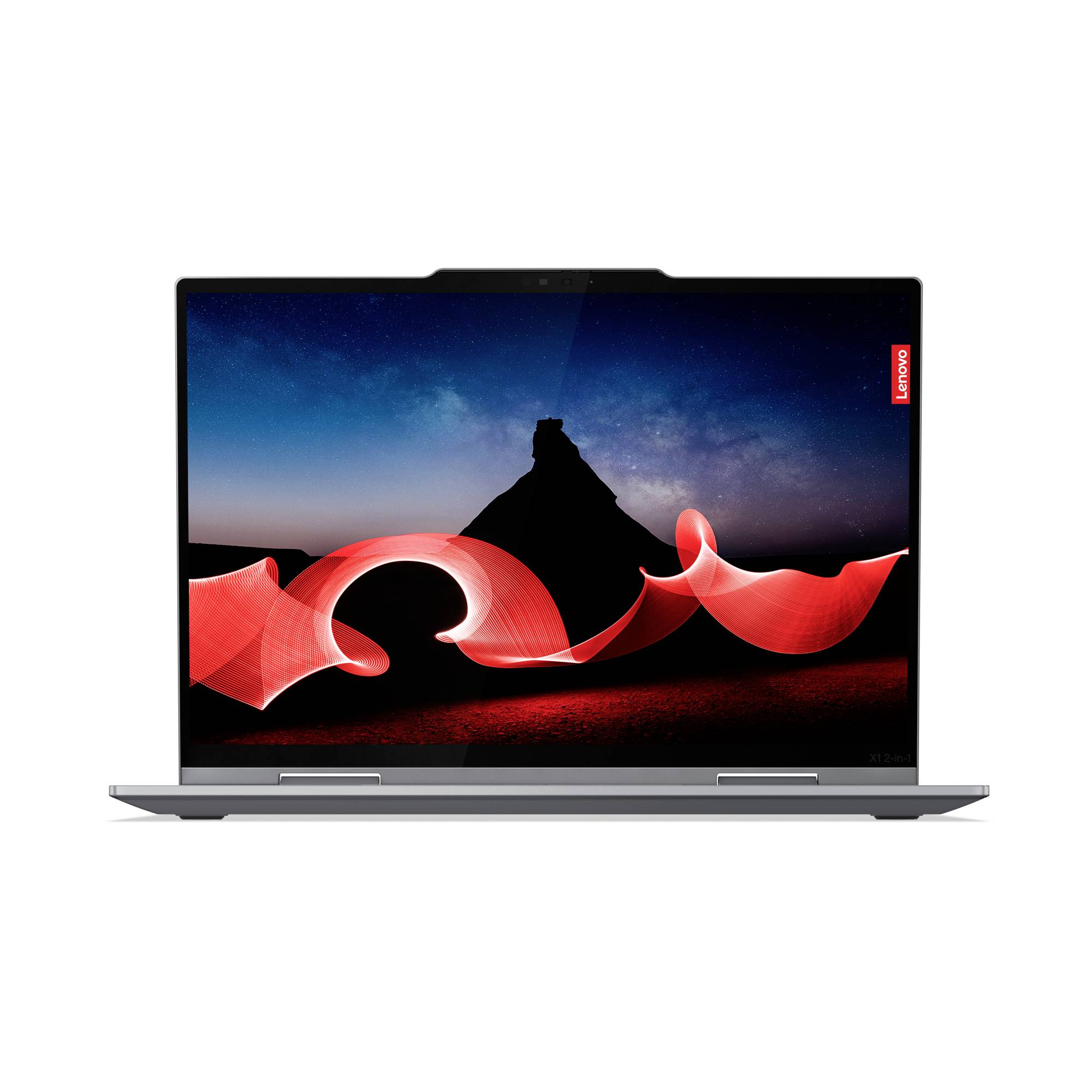Ein Laptop mit geöffnetem Bildschirm zeigt ein abstraktes, rot-schwarzes Bild mit einem Berg im Hintergrund.