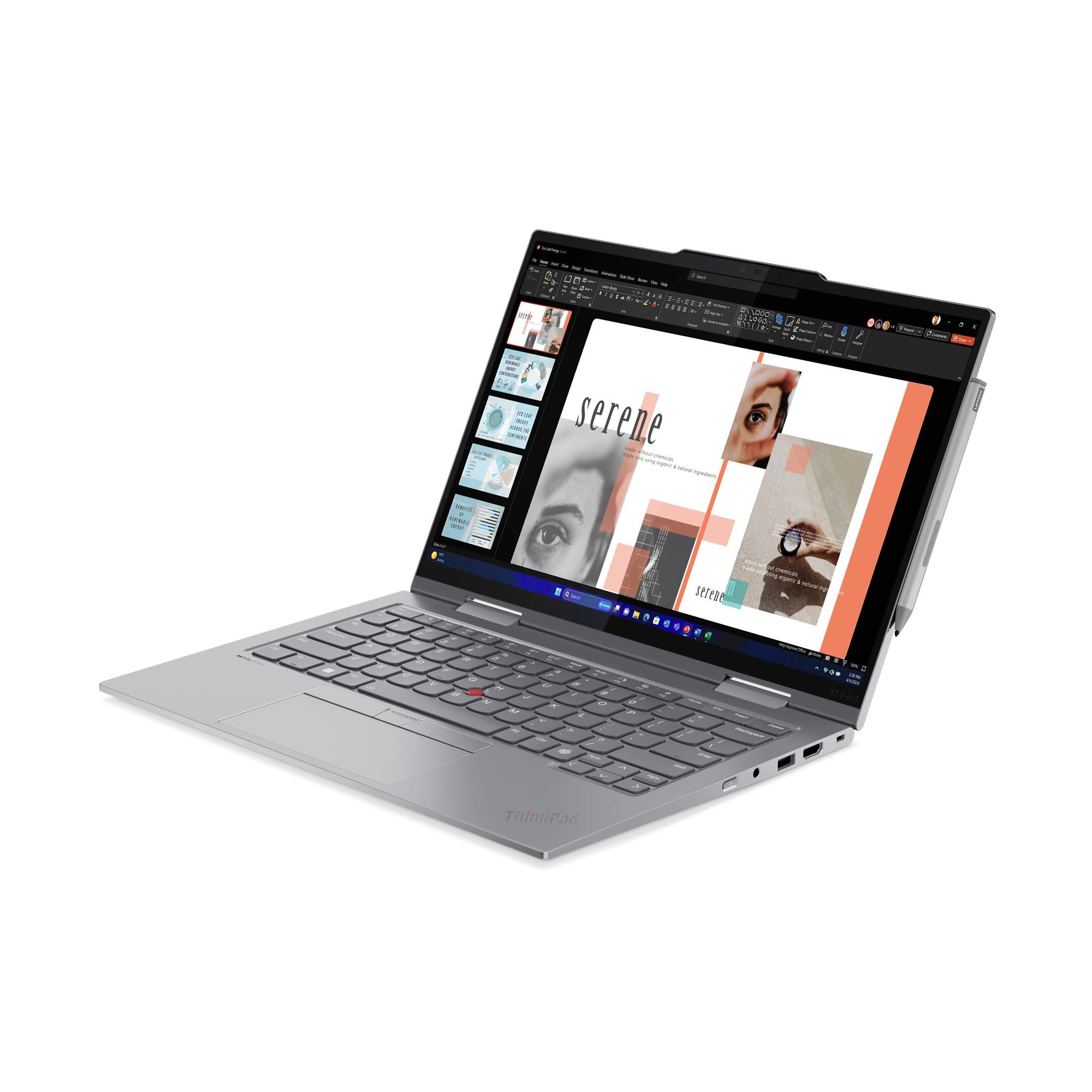 Ein silberner Laptop mit einer Präsentation auf dem Bildschirm, der Bilder von Augen, Text und Diagramme zeigt.
