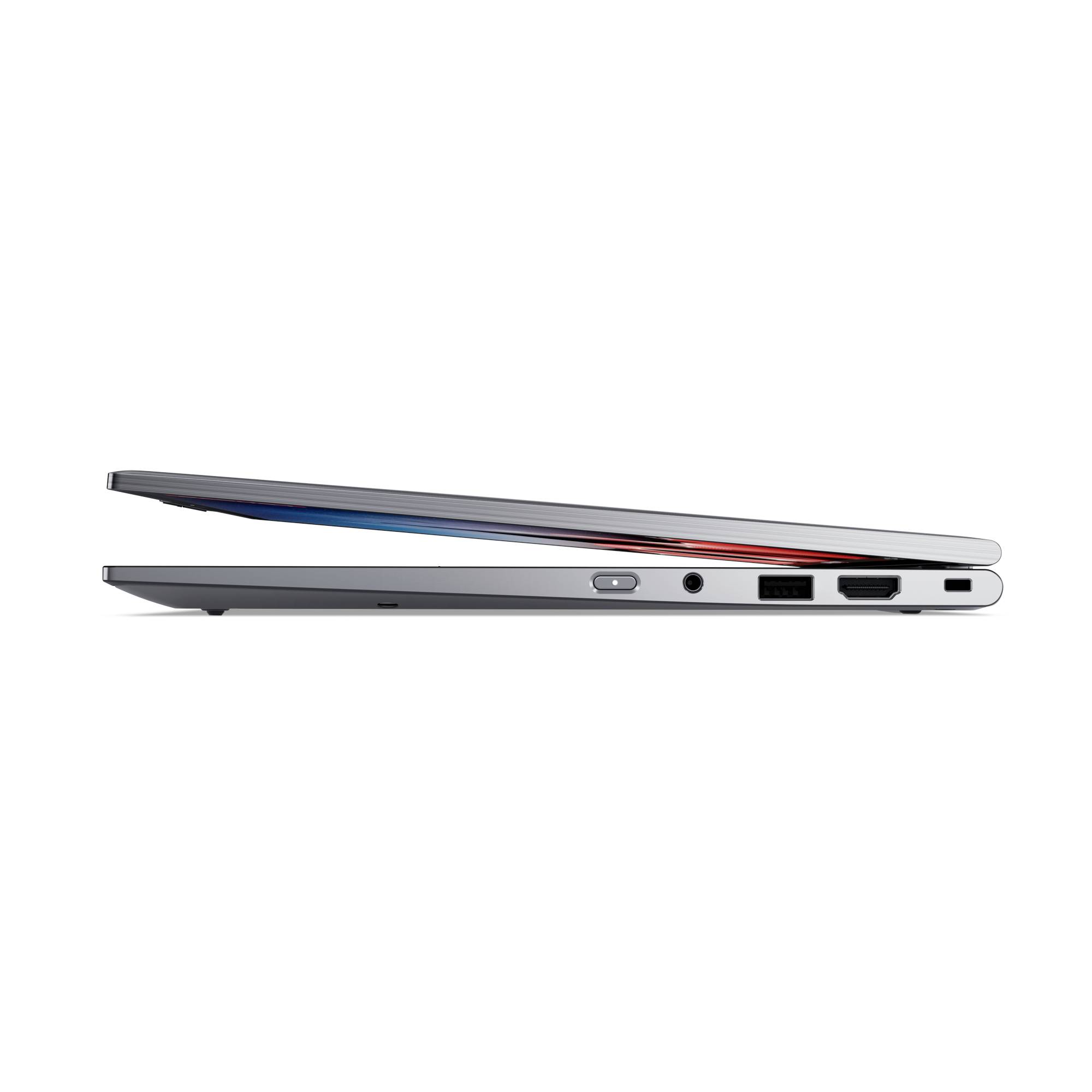 Schmaler Laptop von der Seite, teilweise geöffnet, zeigt USB- und HDMI-Ports. Elegantes, modernes Design mit metallischem Finish.