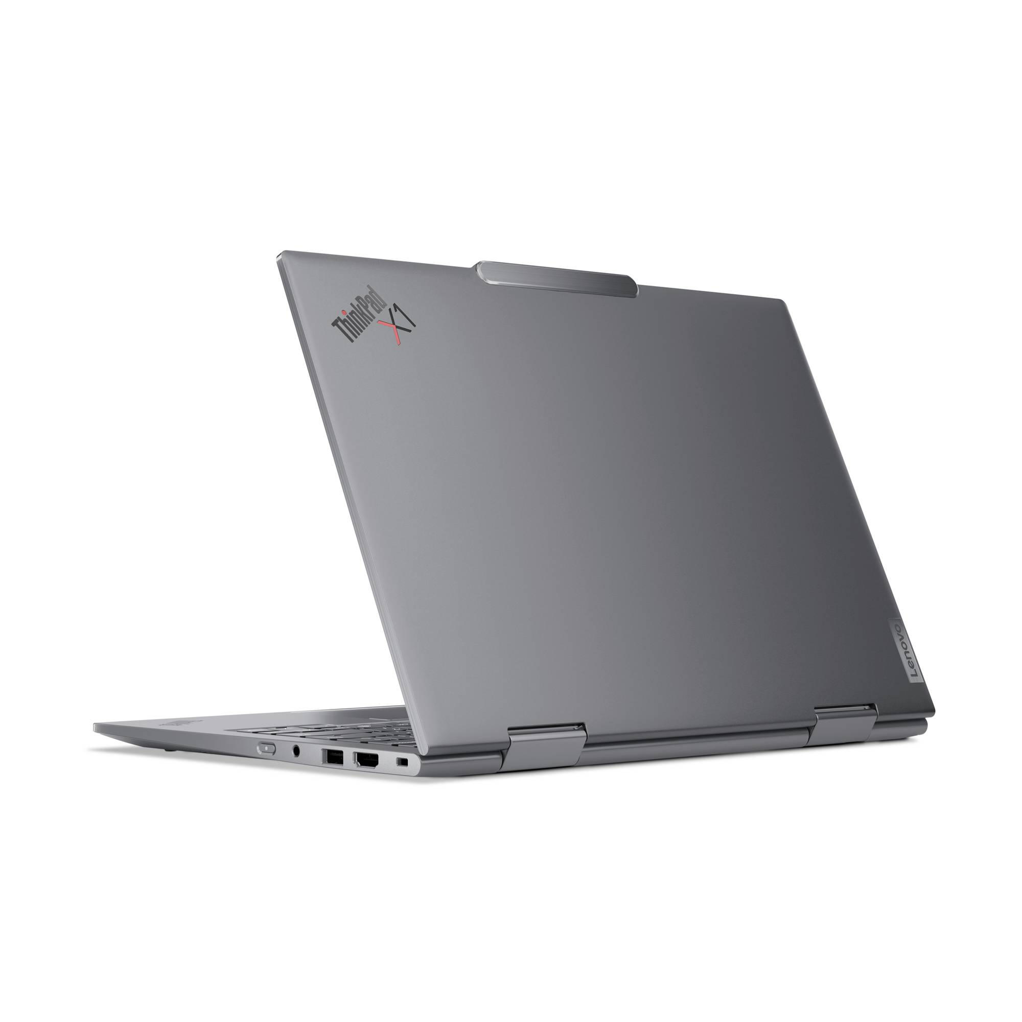 Ein grauer Laptop in der Tent-Position, mit sichtbarem Markenlogo auf der Rückseite. Es zeigen sich USB-Anschlüsse an der Seite.