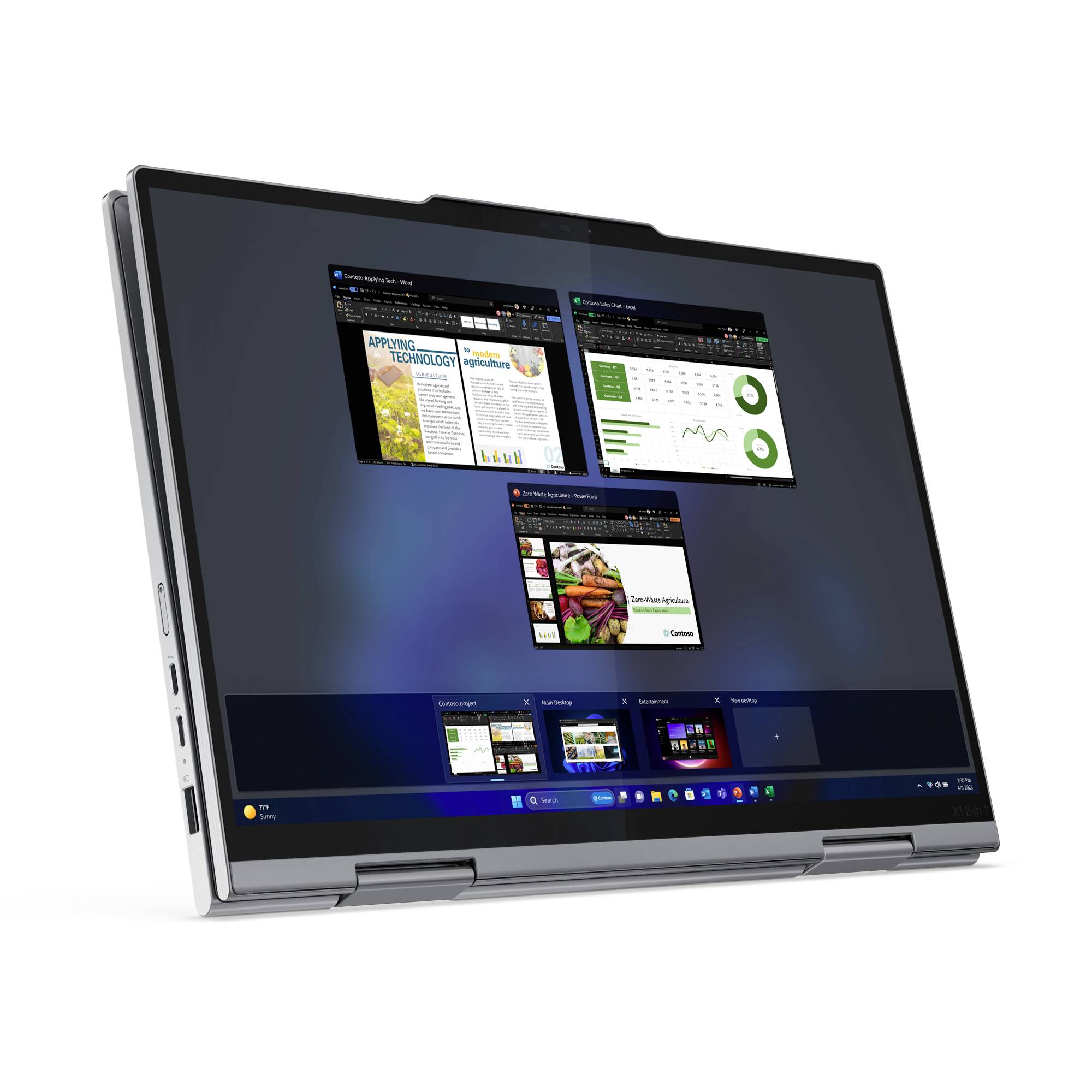 Ein Laptop steht im Studio-Modus, der mehrere geöffnete Fenster auf dem Bildschirm zeigt, darunter Tabellen und Grafiken.