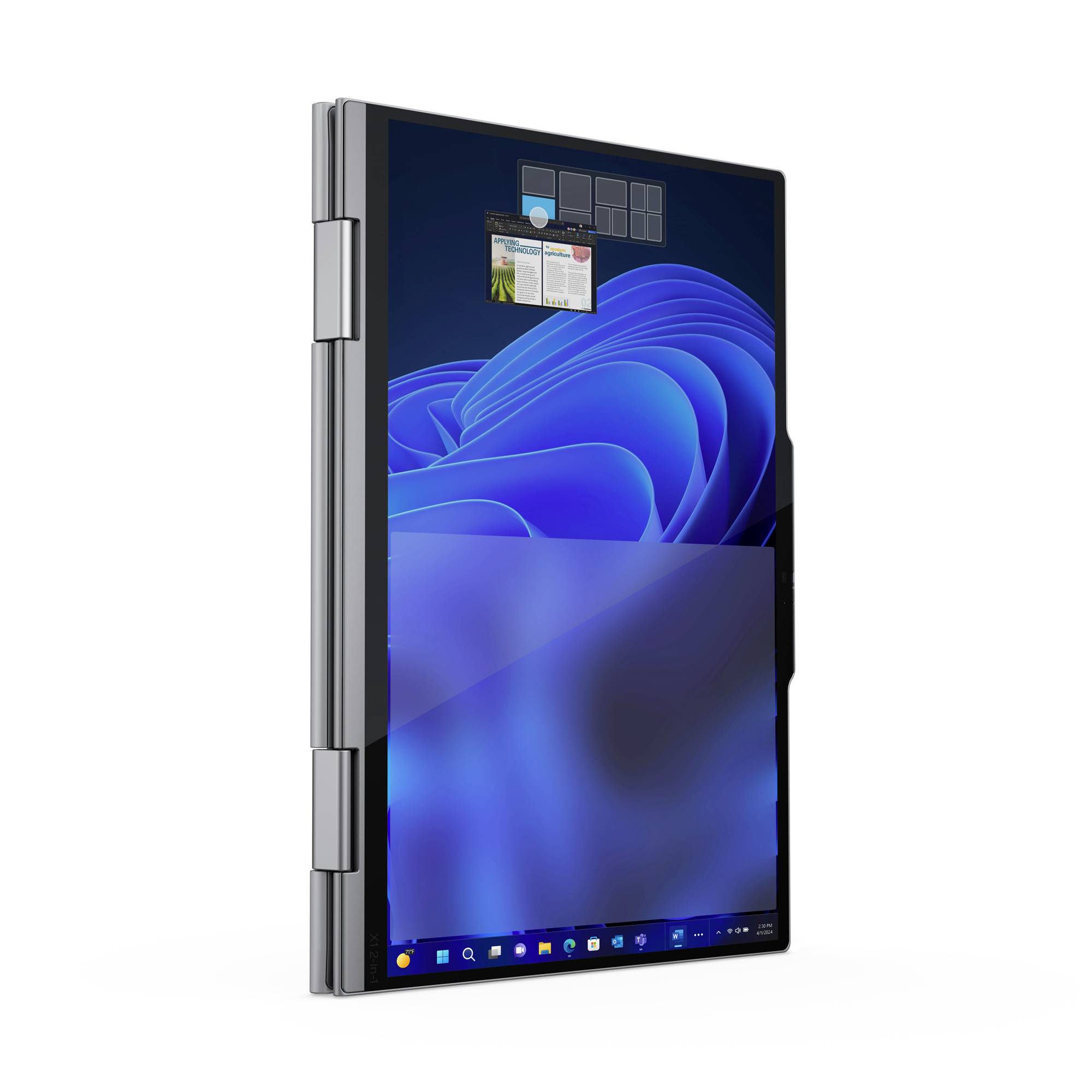 Ein Tablet mit Windows-Startbildschirm in Hochformatansicht. Apps und Ordner sind am unteren Rand sichtbar.