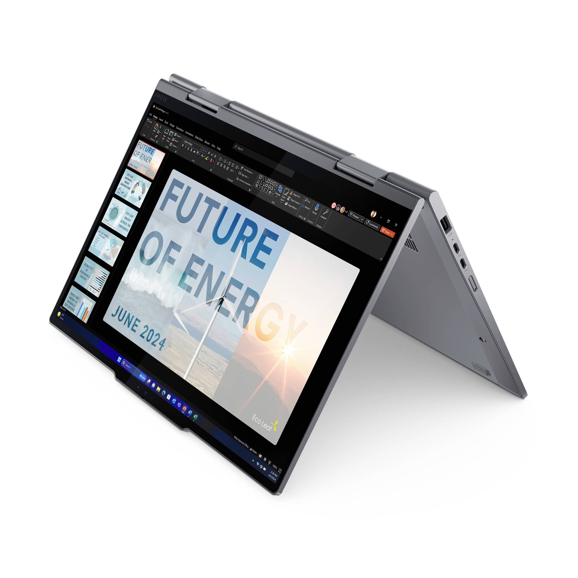Ein Laptop im Zeltmodus zeigt eine Präsentation mit dem Titel 'Future of Energy' und dem Datum 'Juni 2024' auf dem Bildschirm.