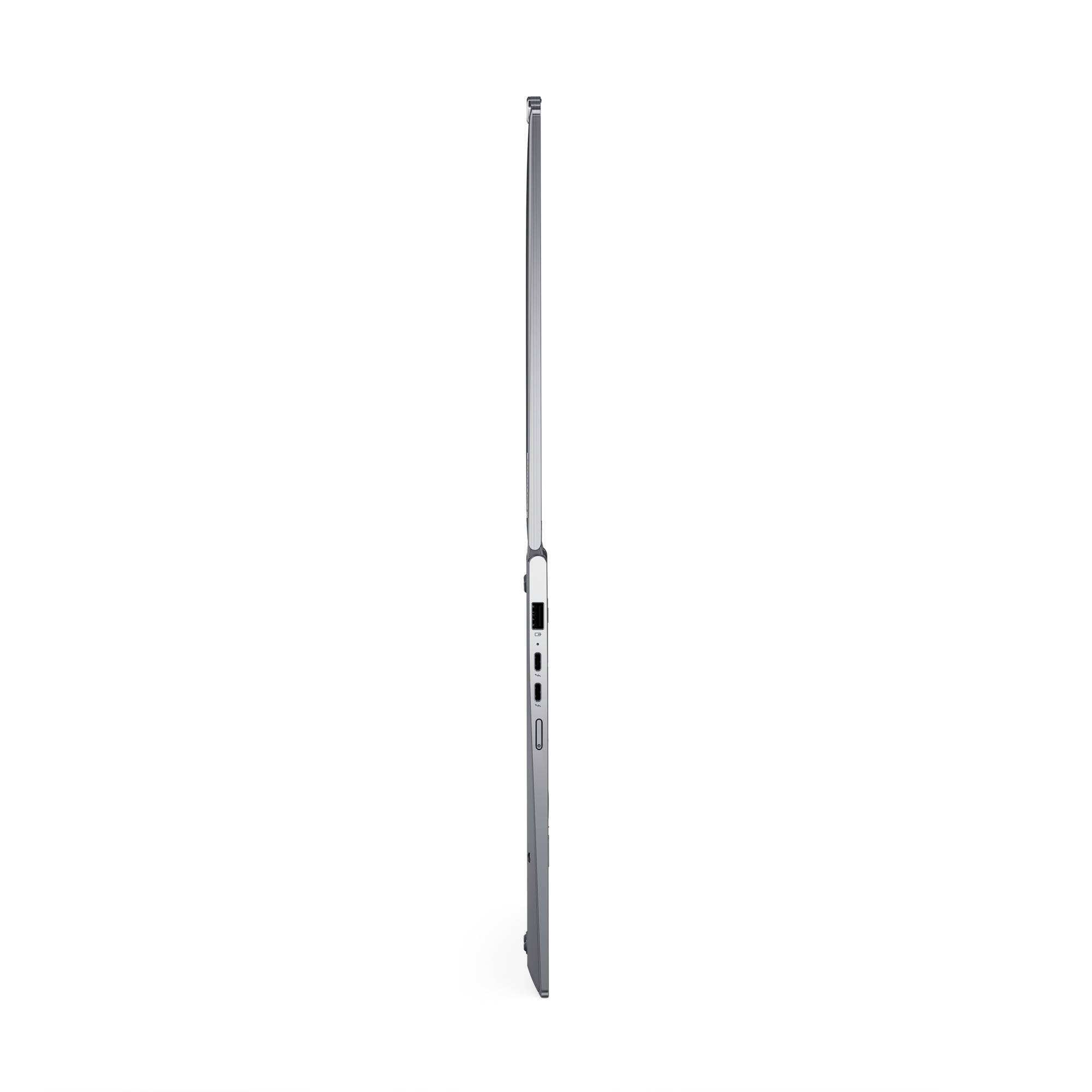 Seitenansicht eines aufgeklappten, sehr dünnen grauen Laptops mit mehreren Anschlüssen an der Seite.