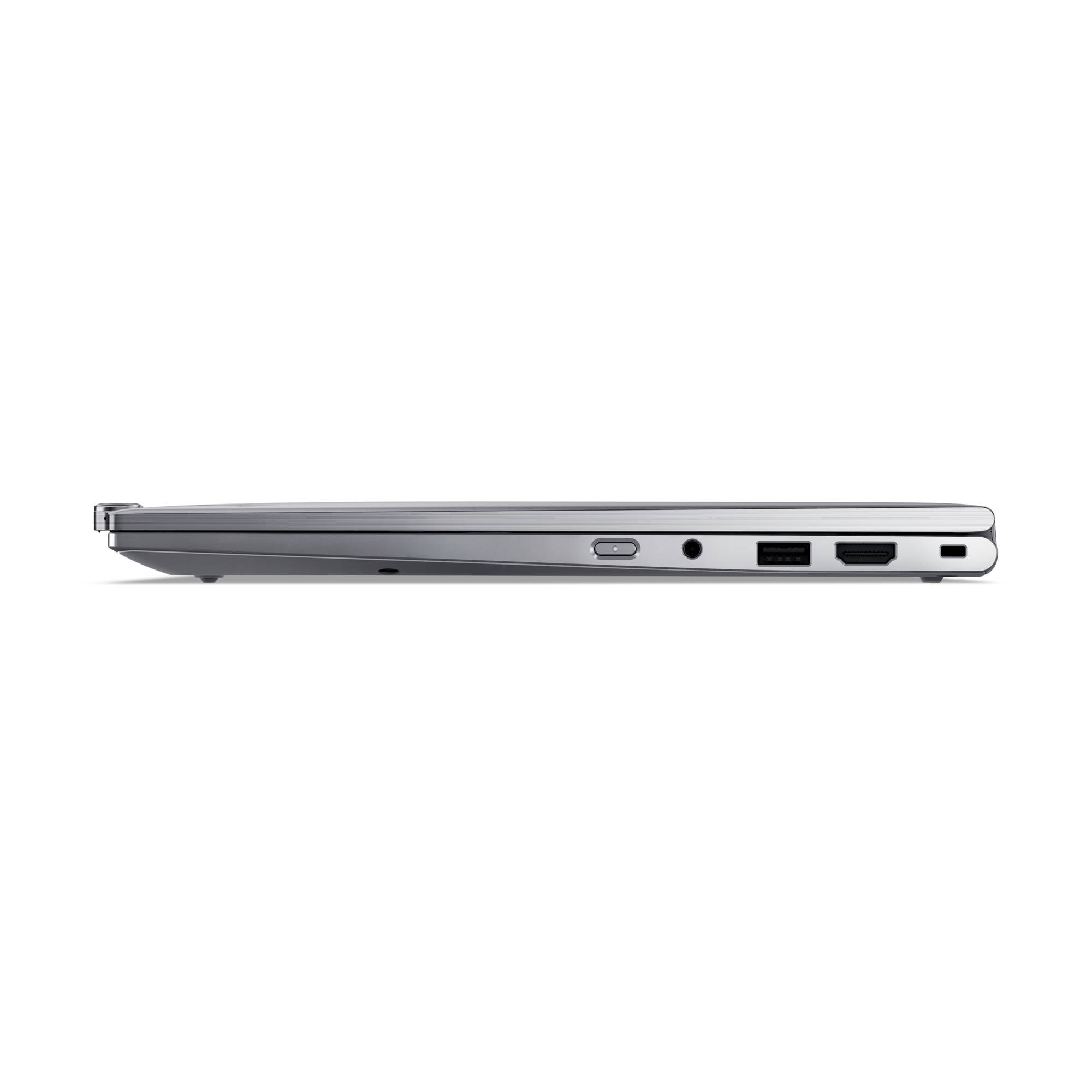 Ein dünner, geschlossener Laptop von der Seite betrachtet zeigt Anschlüsse: USB, HDMI und einen weiteren Port.