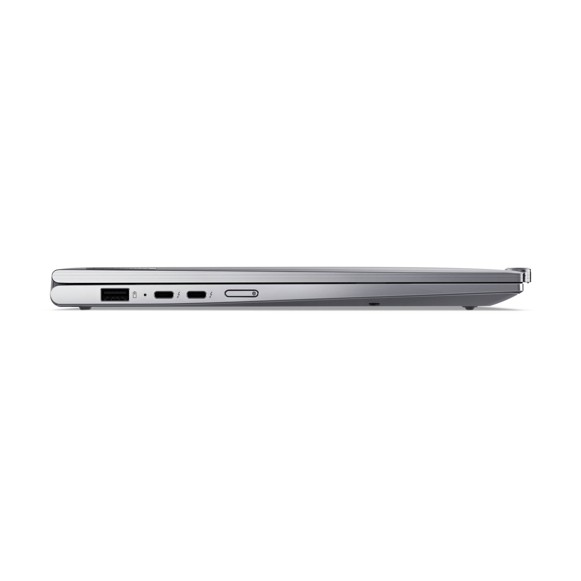Ein geschlossenes silbernes Laptop von der Seite, zeigt verschiedene Anschlüsse und eine dünne, leichte Bauweise.
