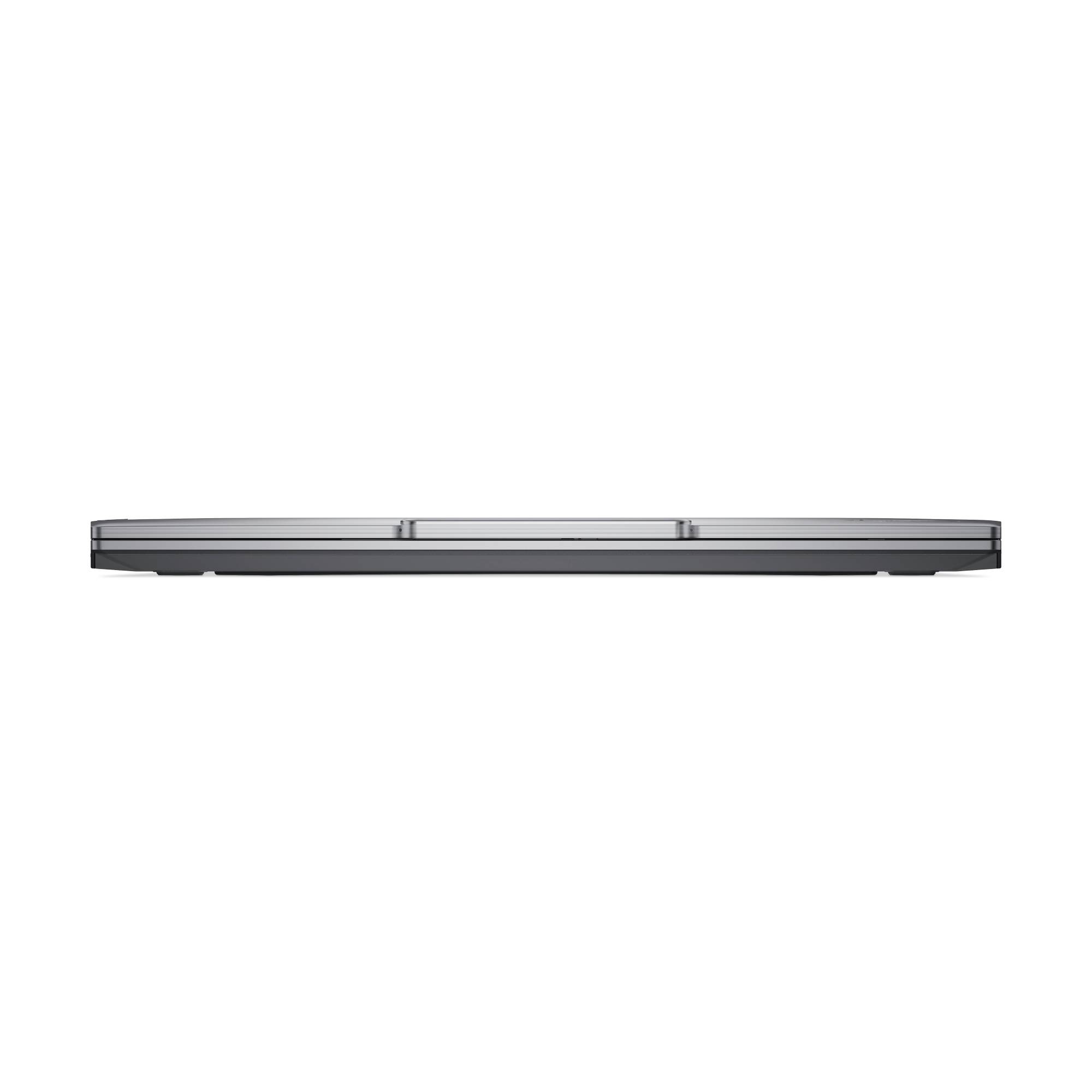 Ein flaches Profil eines Laptops, teilweise aufgeklappt, in einem minimalistischen Design mit silberner Farbe.