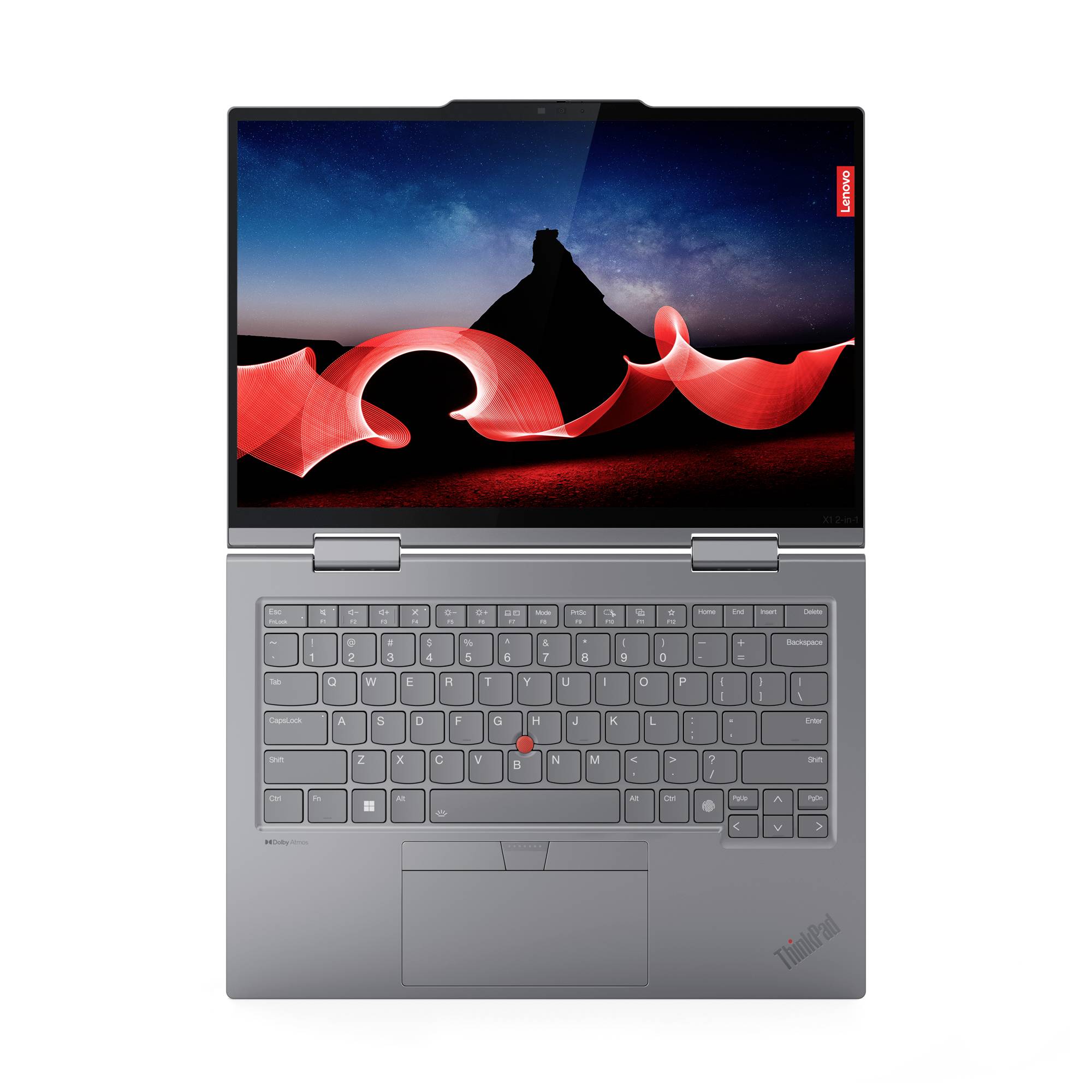 Laptop mit geöffneter Klappe, zeigt eine beleuchtete Tastatur und ein Display mit einem abstrakten Hintergrund in Rot und Schwarz.