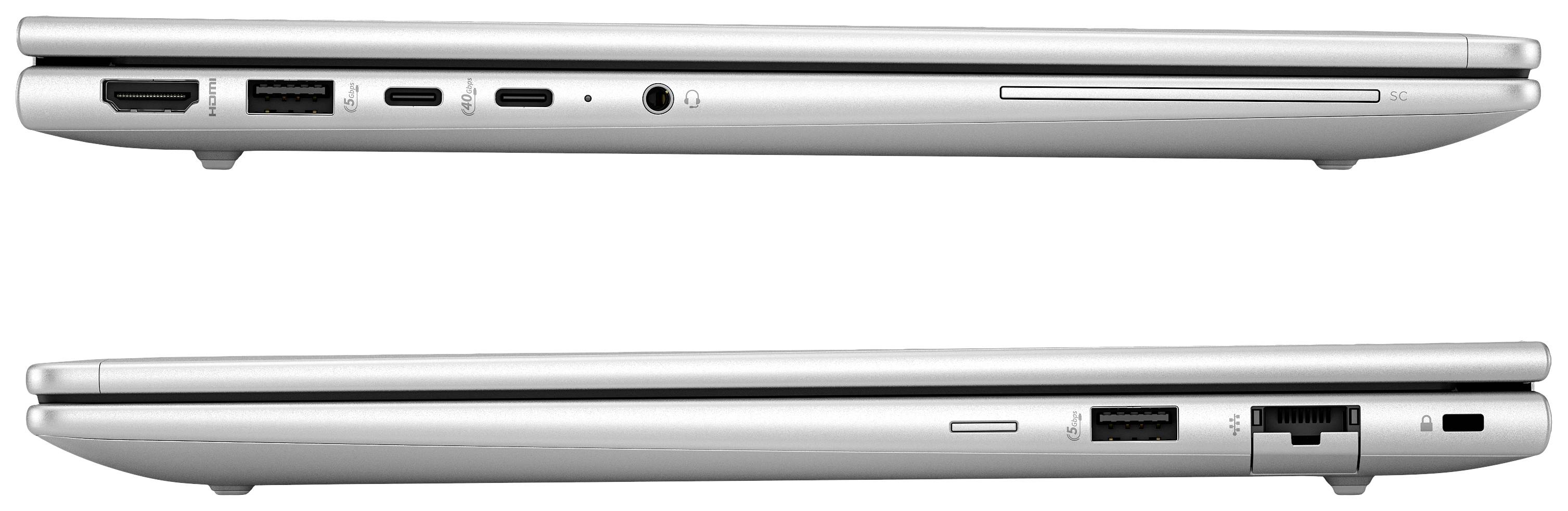 Zwei Laptops übereinander, geschlossen, mit verschiedenen Anschlussarten wie USB, HDMI und Ethernet an den Seiten sichtbar.