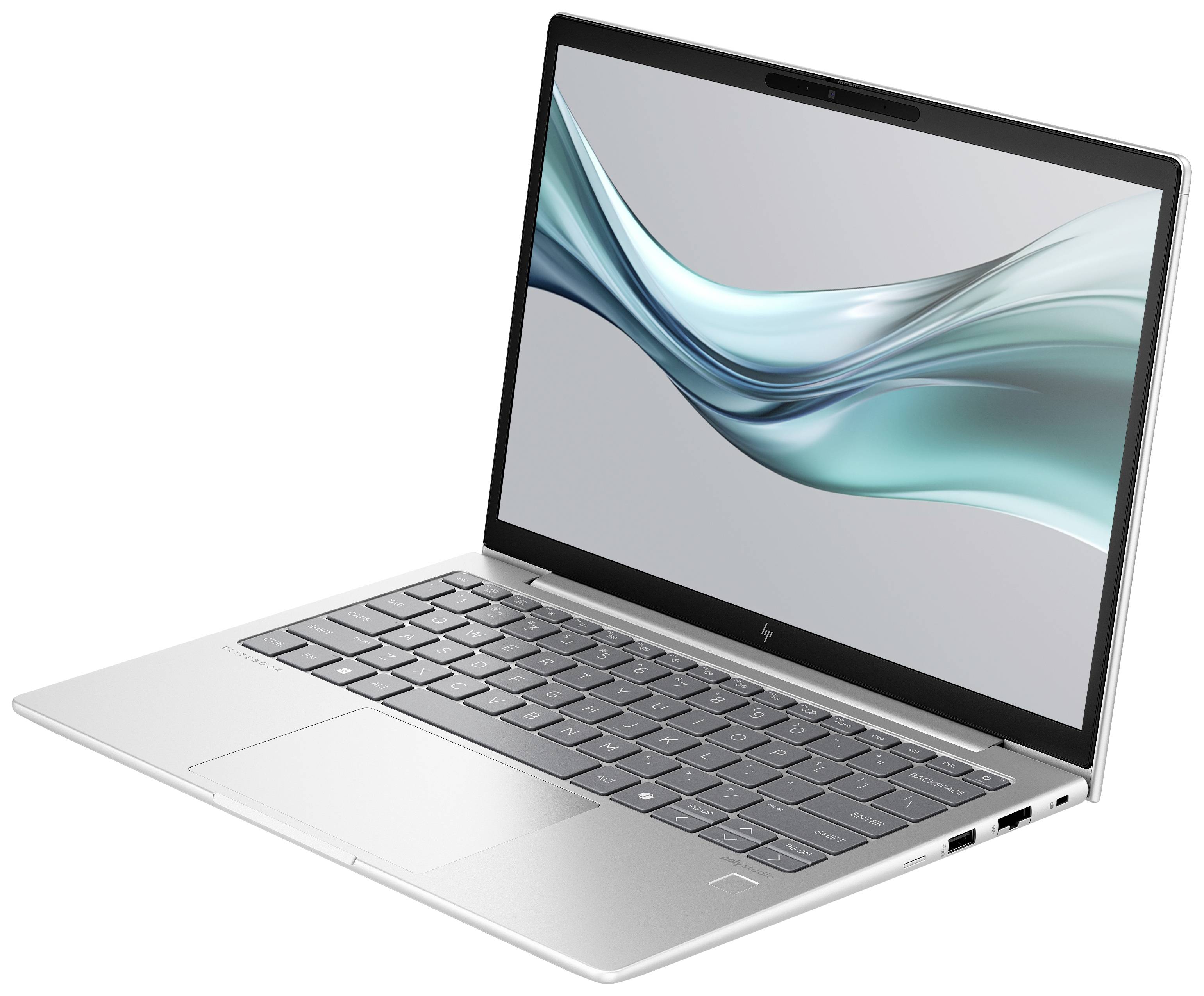 Silberner Laptop mit geöffnetem Bildschirm, der einen Wellenbildschirmhintergrund zeigt, Tastatur und Trackpad sind sichtbar.