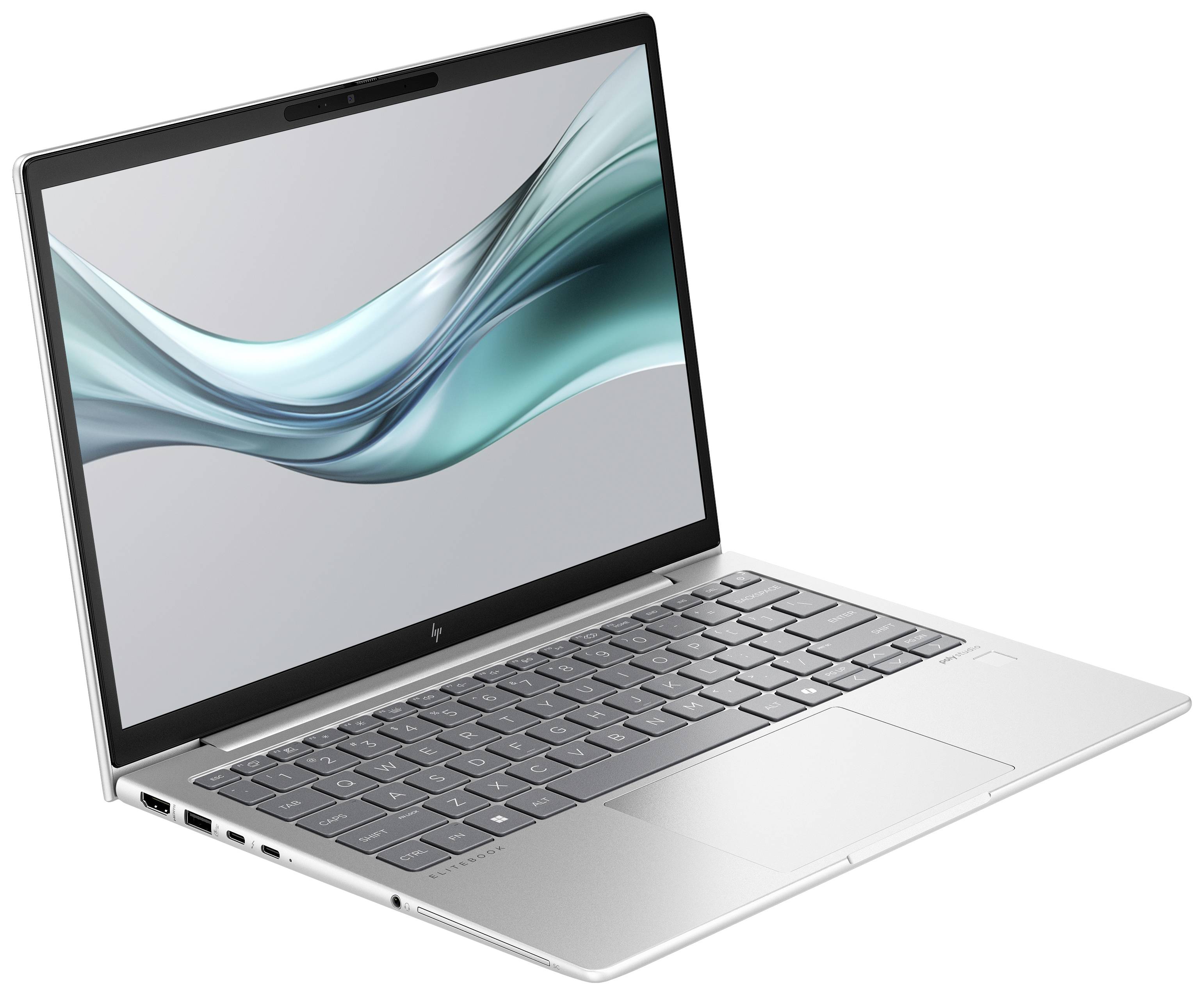 Ein silberner Laptop mit aufgeklapptem Bildschirm, der eine abstrakte, wellenförmige Grafik in Türkis und Weiß zeigt. Tastatur sichtbar.
