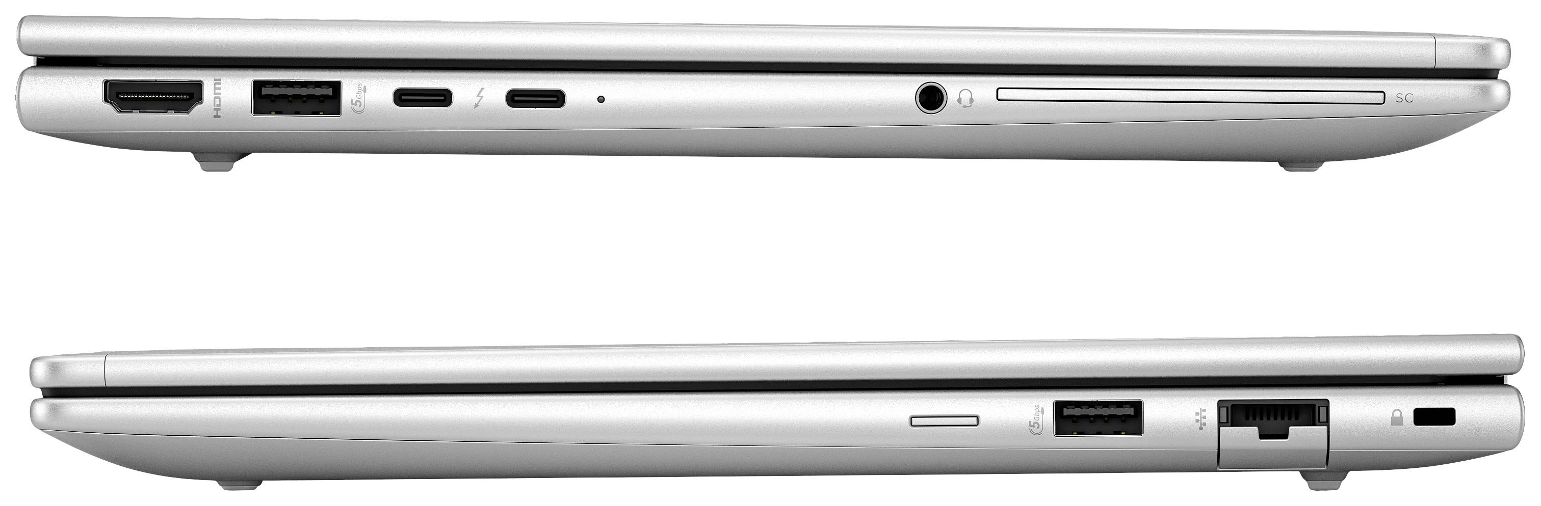Ein silberner Laptop von der Seite, der obere zeigt Anschlüsse: HDMI, USB, USB-C, Kopfhörerbuchse. Der untere zeigt LAN und USB-Anschluss.