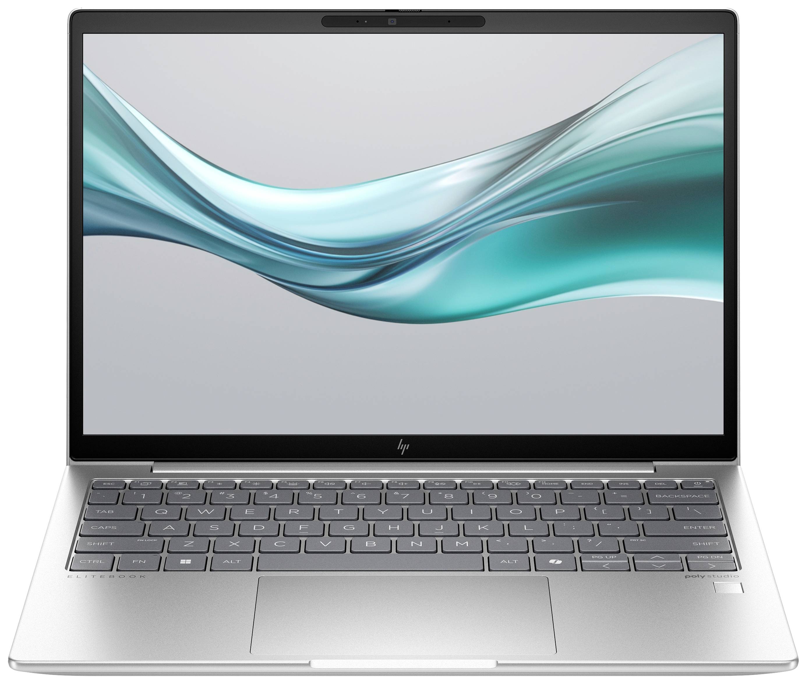 Ein Laptop mit geöffnetem Bildschirm zeigt ein wellenförmiges, türkisfarbenes Hintergrundbild auf weißem Bildschirm.