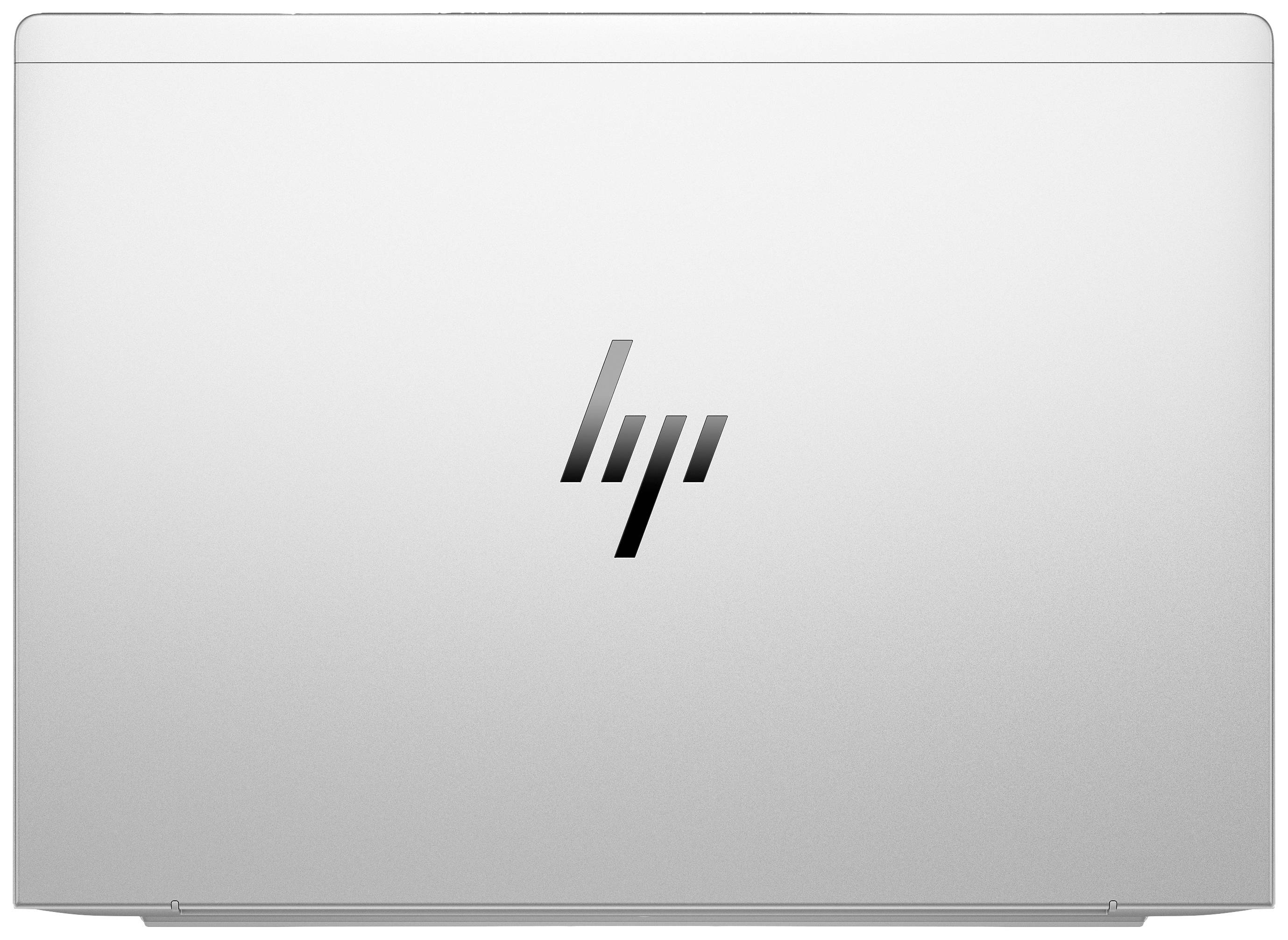 Silberner Laptopdeckel mit schwarzem HP-Logo in der Mitte.